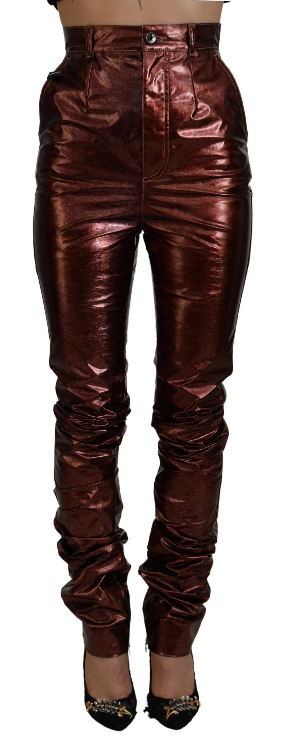 Metallic bronzen skinny jeans met hoge taille