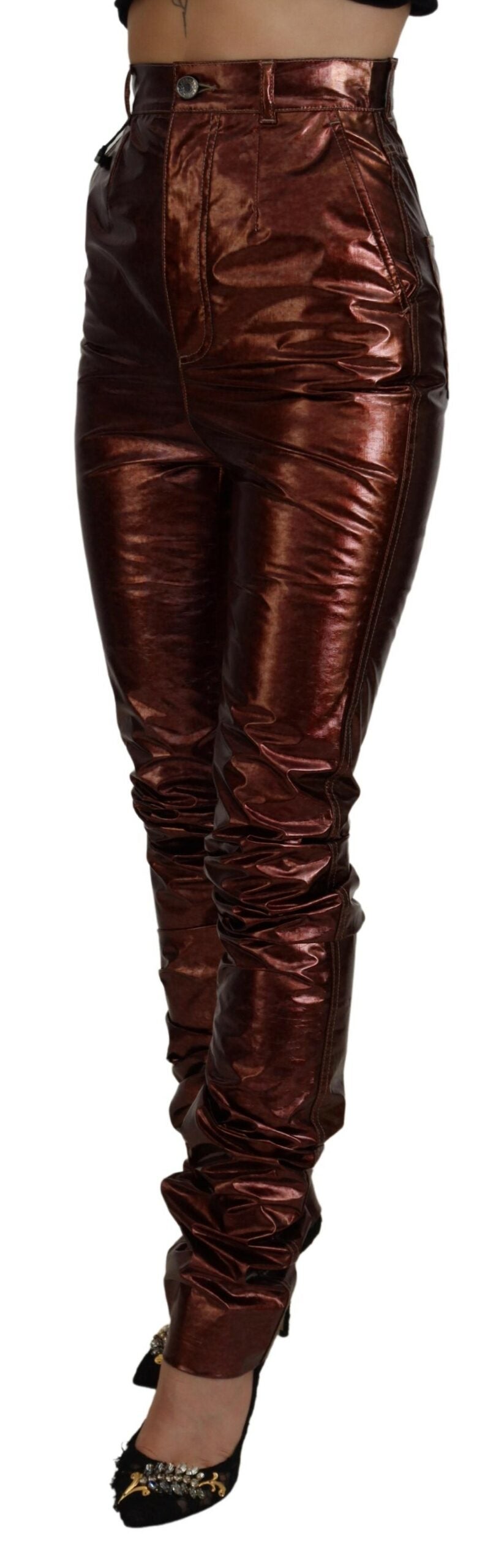 Metallic bronzen skinny jeans met hoge taille