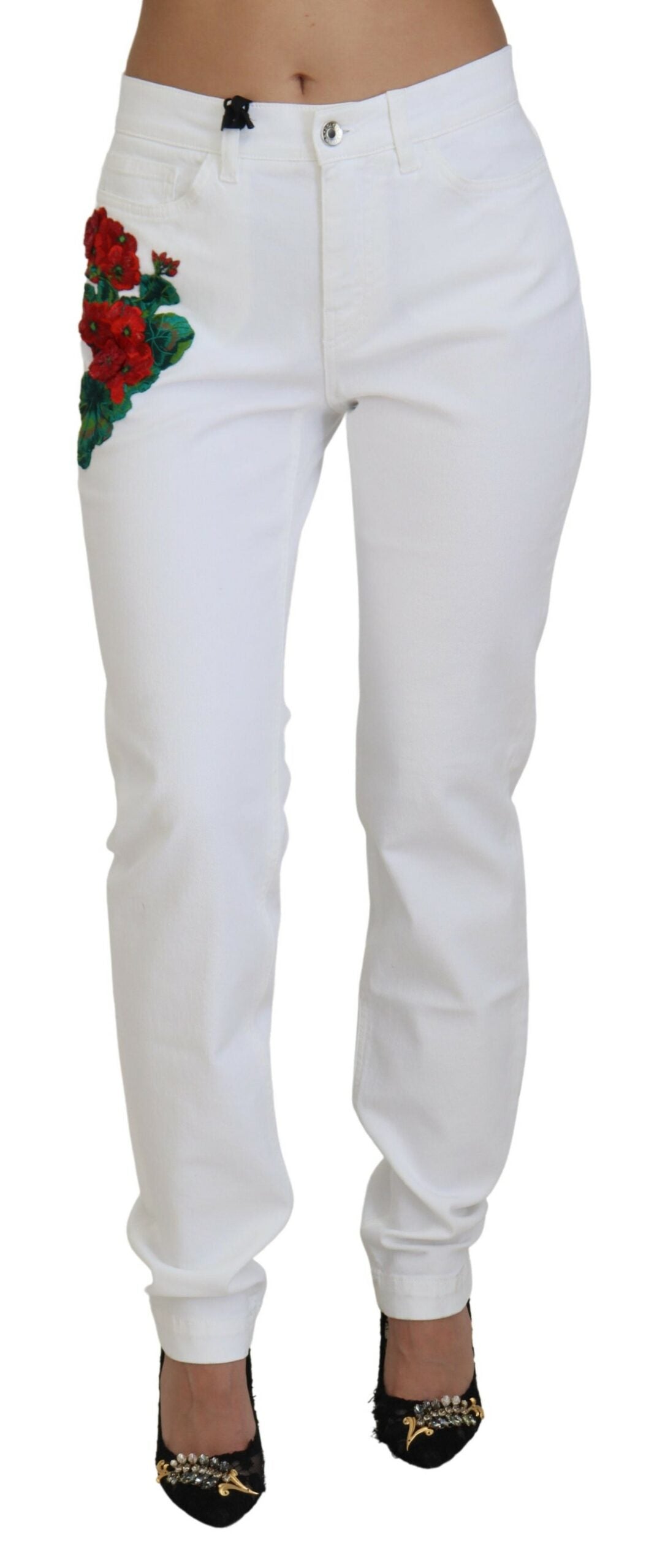 Witte skinny denim jeans met bloemenborduursel