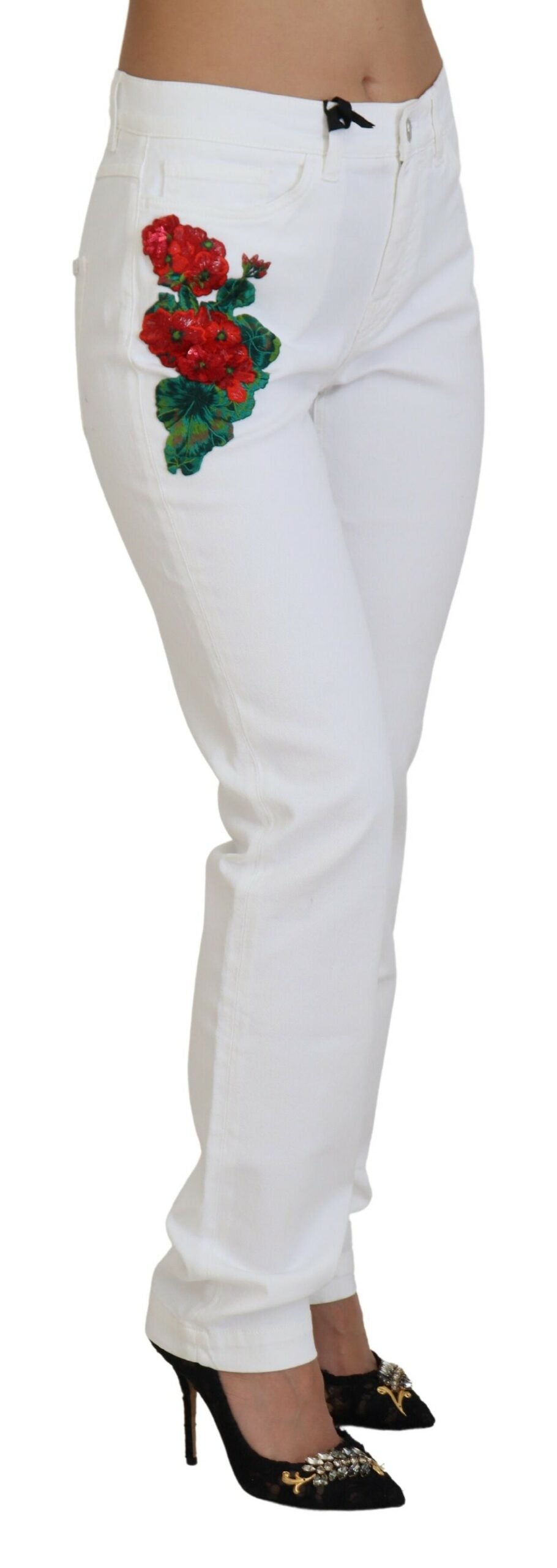 Witte skinny denim jeans met bloemenborduursel
