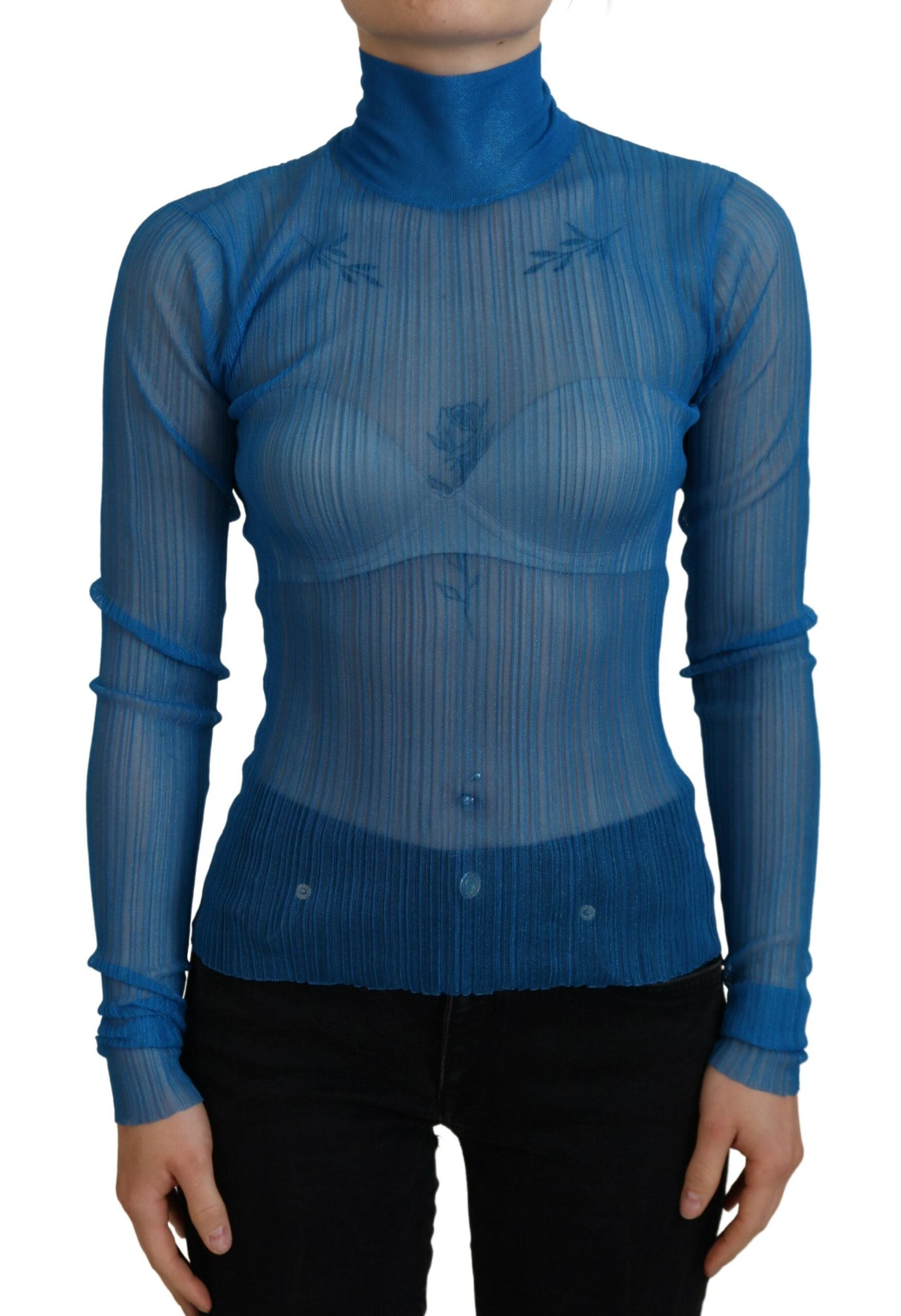 Blauwe mesh coltrui blouse met lange mouwen