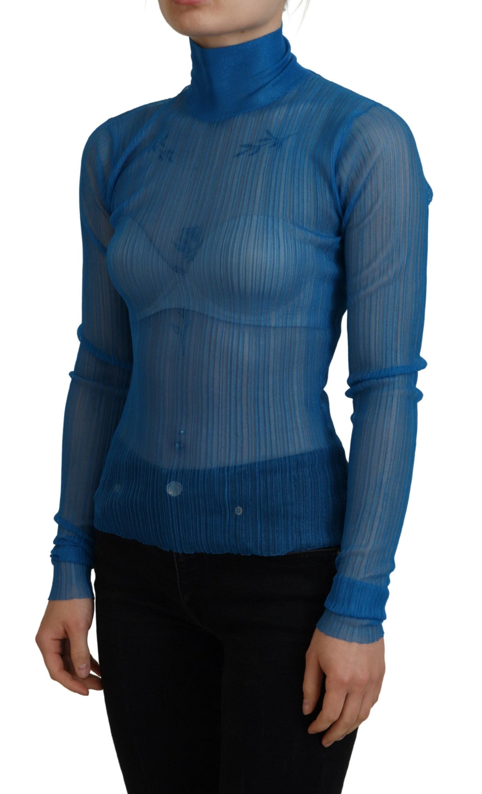 Blauwe mesh coltrui blouse met lange mouwen