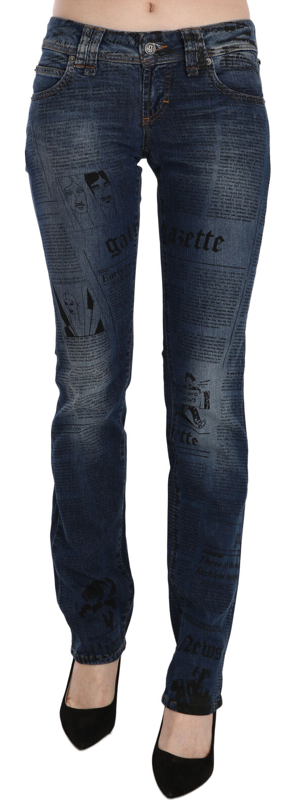 Blauwe skinny denim broek met lage taille en krantenprint