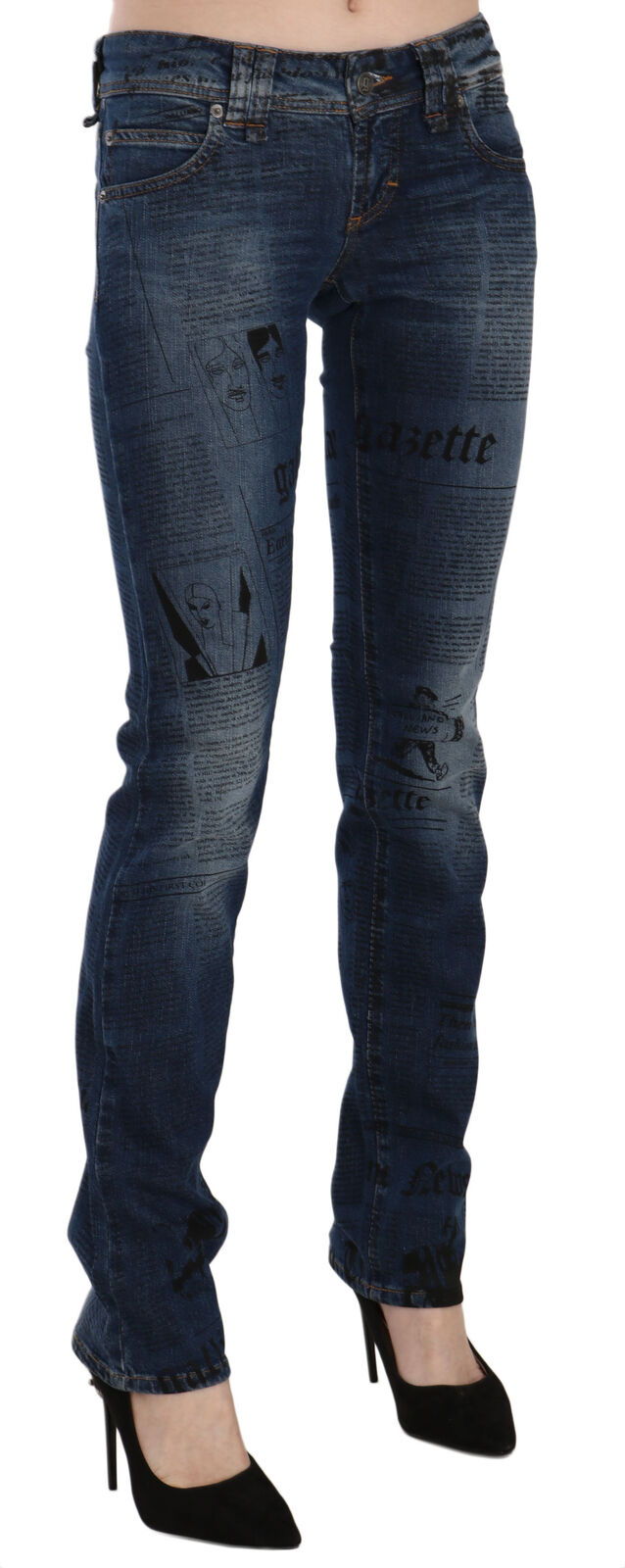 Blauwe skinny denim broek met lage taille en krantenprint