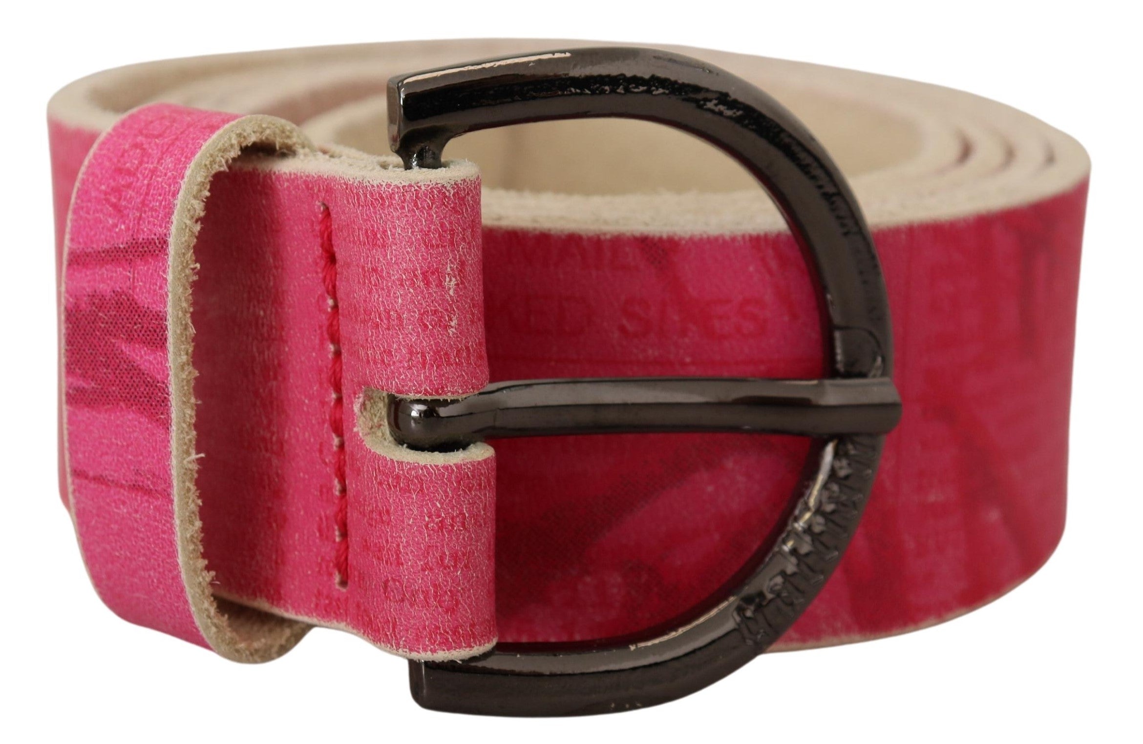 Roze leren riem met ronde gesp en letterlogo