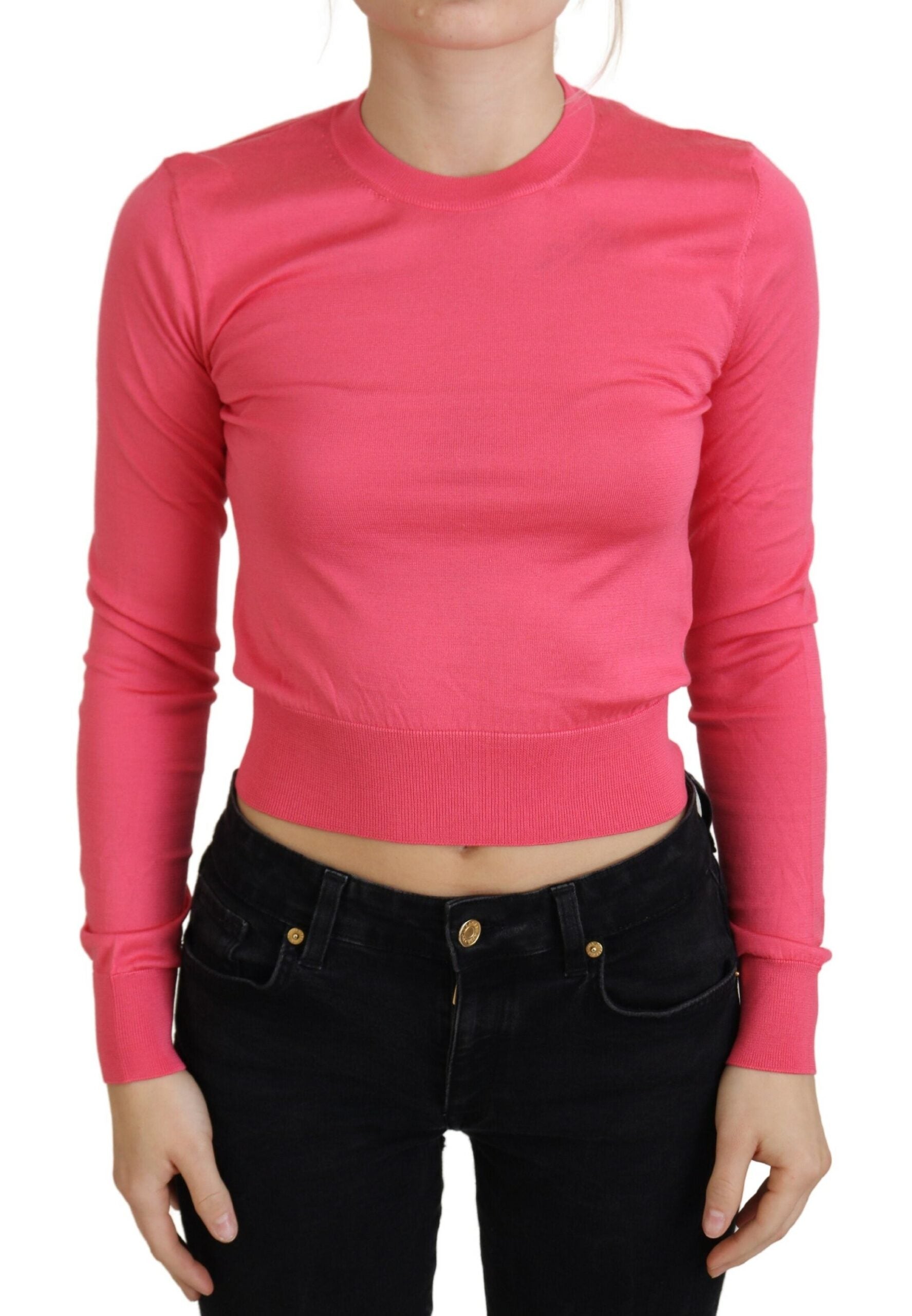 Roze zijden cropped ronde hals trui