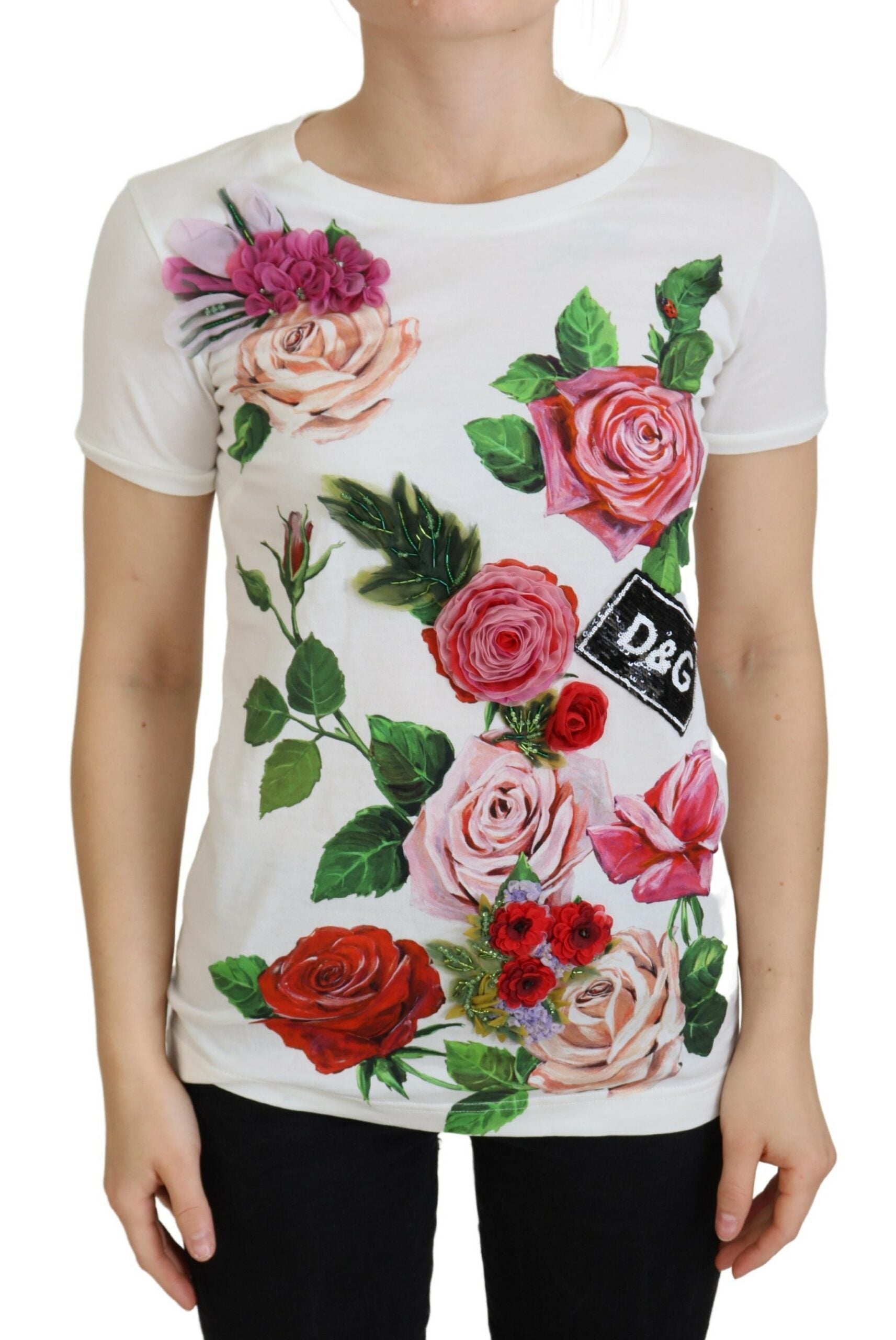 Witte top met korte mouwen en DGLogo-print met rozenmotief