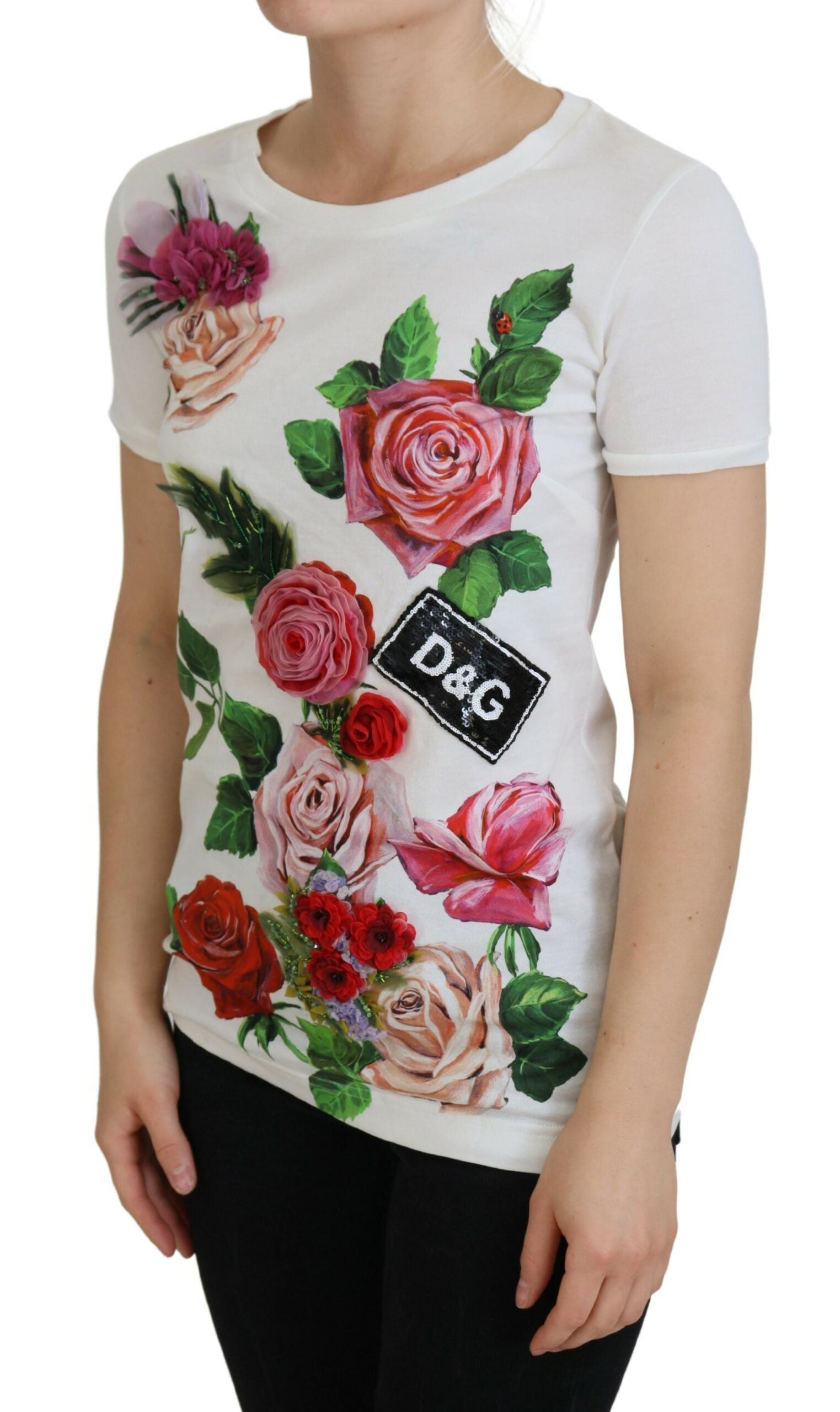 Witte top met korte mouwen en DGLogo-print met rozenmotief