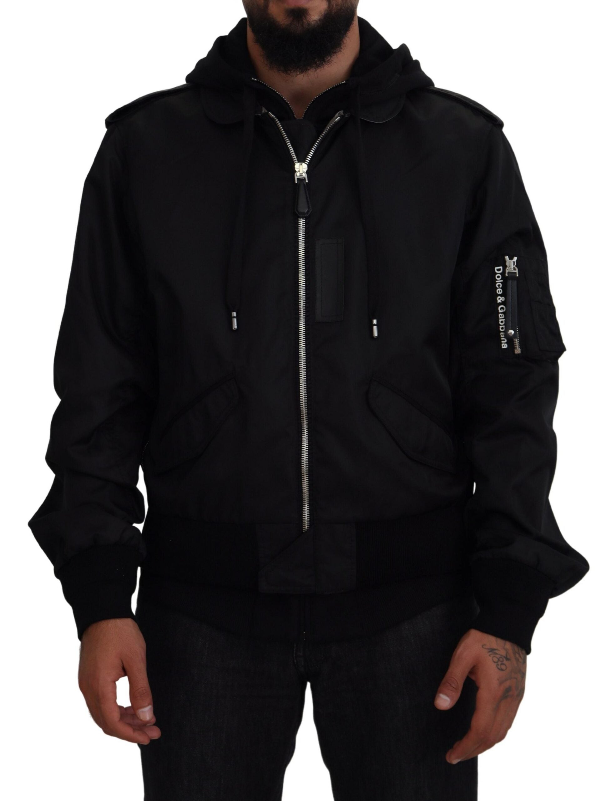 Zwarte nylon herenjas met capuchon en volledige ritssluiting