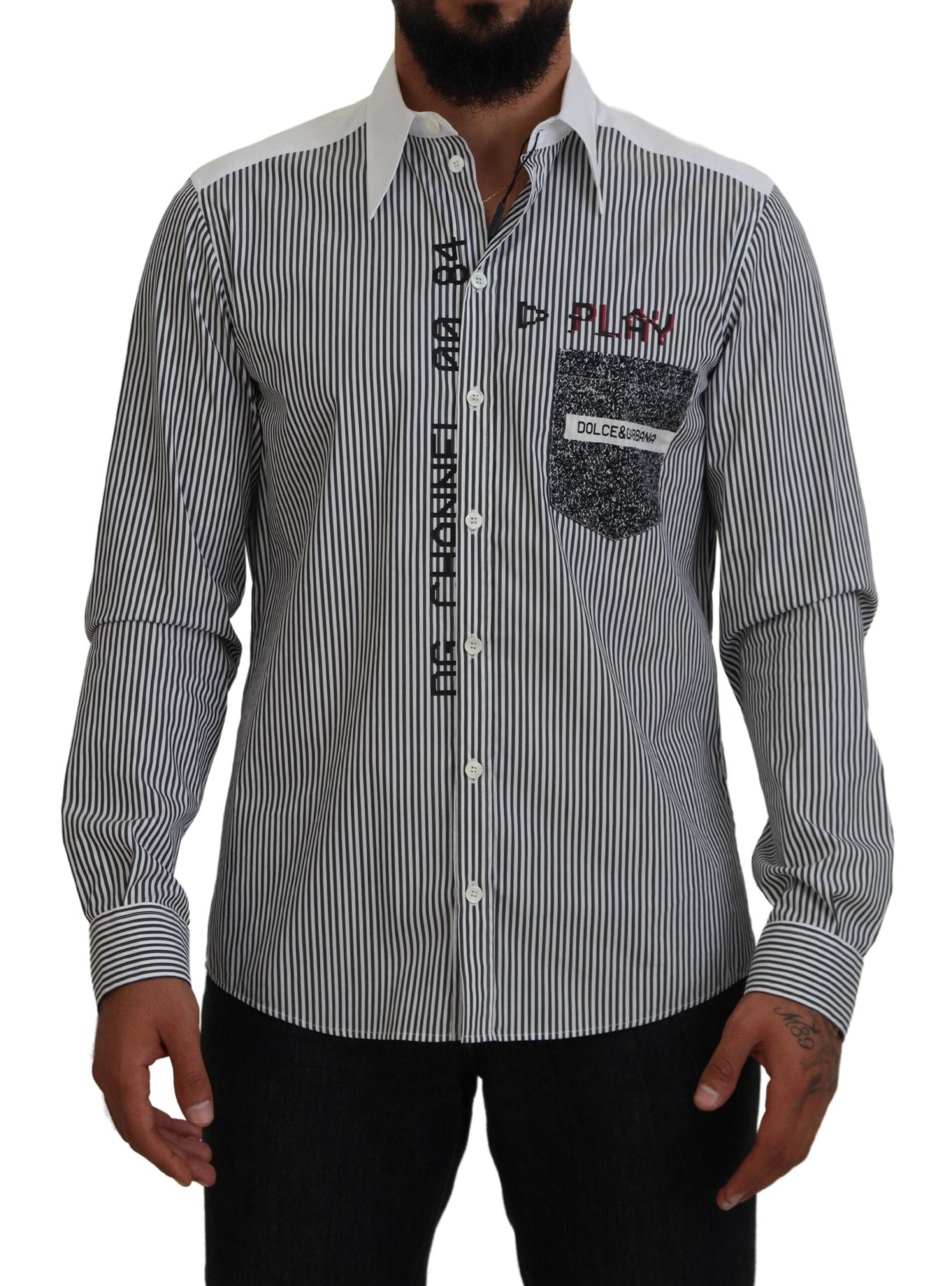 Zwart-wit gestreept casual katoenen overhemd met print