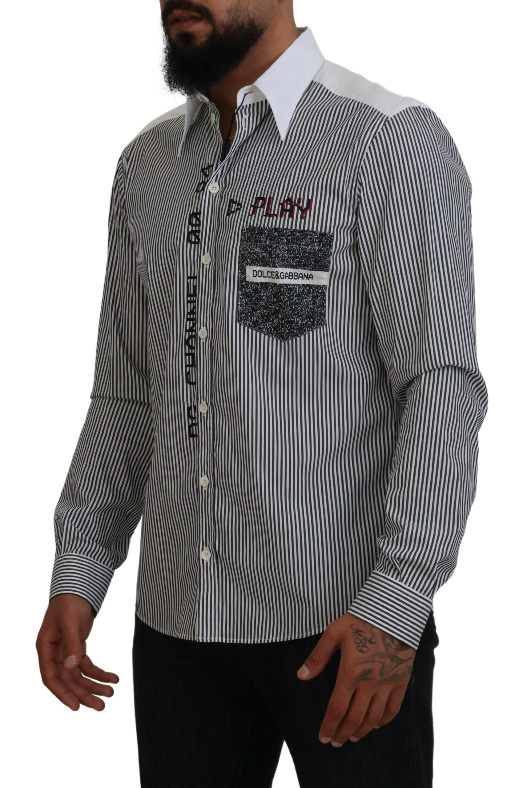 Zwart-wit gestreept casual katoenen overhemd met print