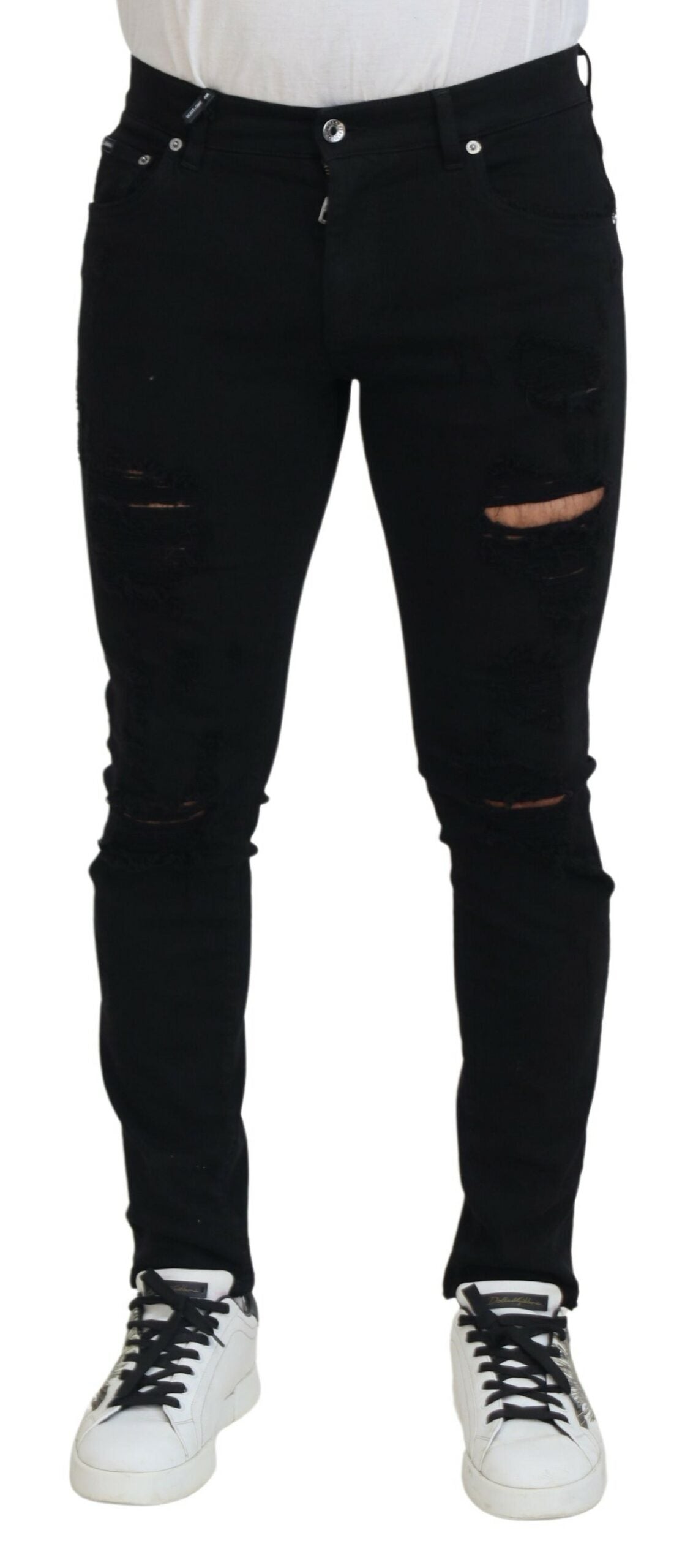 Zwarte slim fit gescheurde denim katoenen jeans