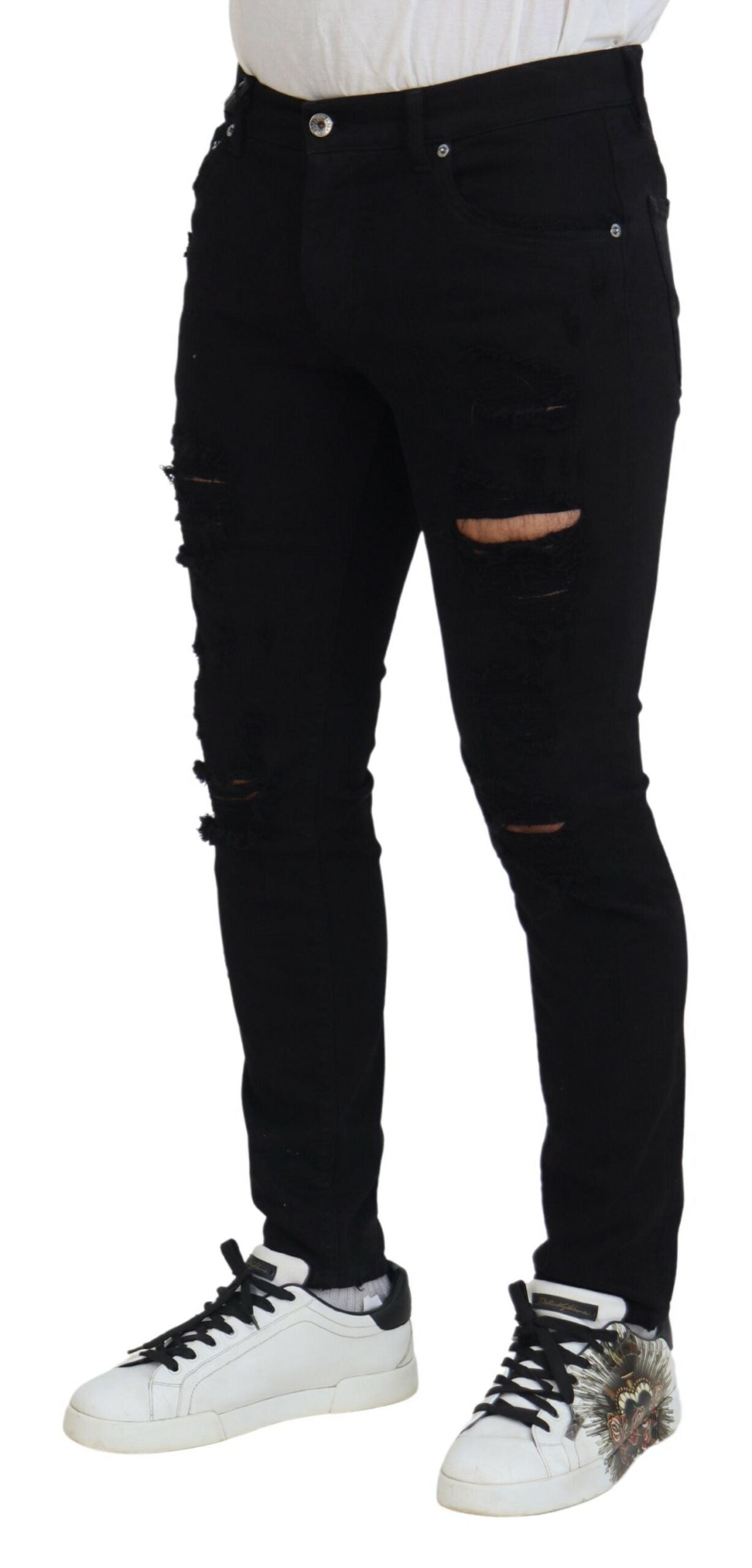 Zwarte slim fit gescheurde denim katoenen jeans