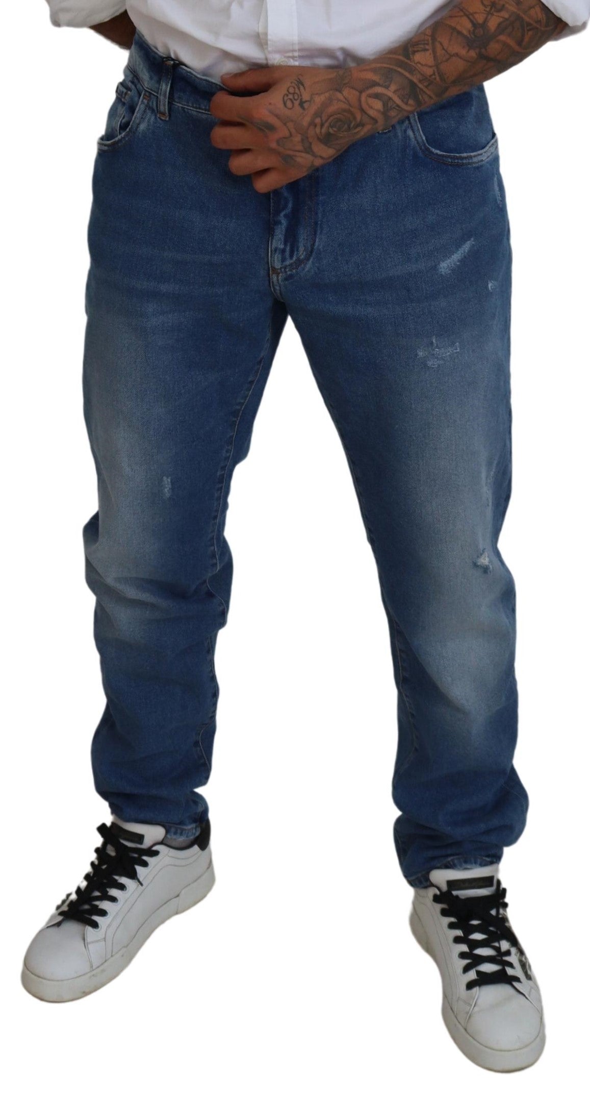 Blauwe gewassen skinny katoenen denim jeans