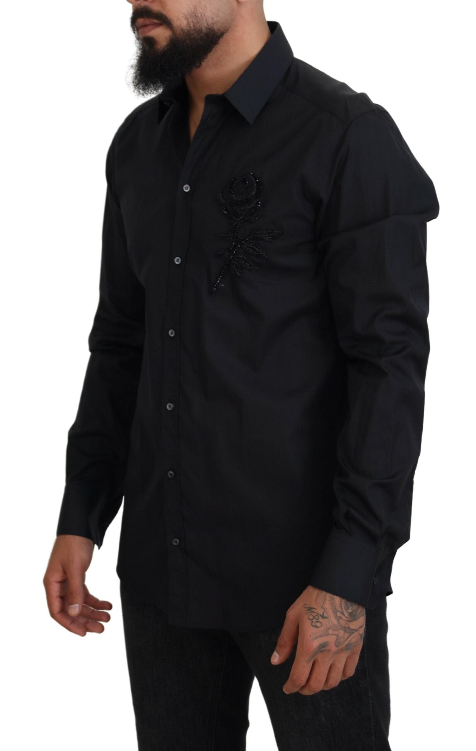 Zwarte rozen slim fit katoenen overhemd
