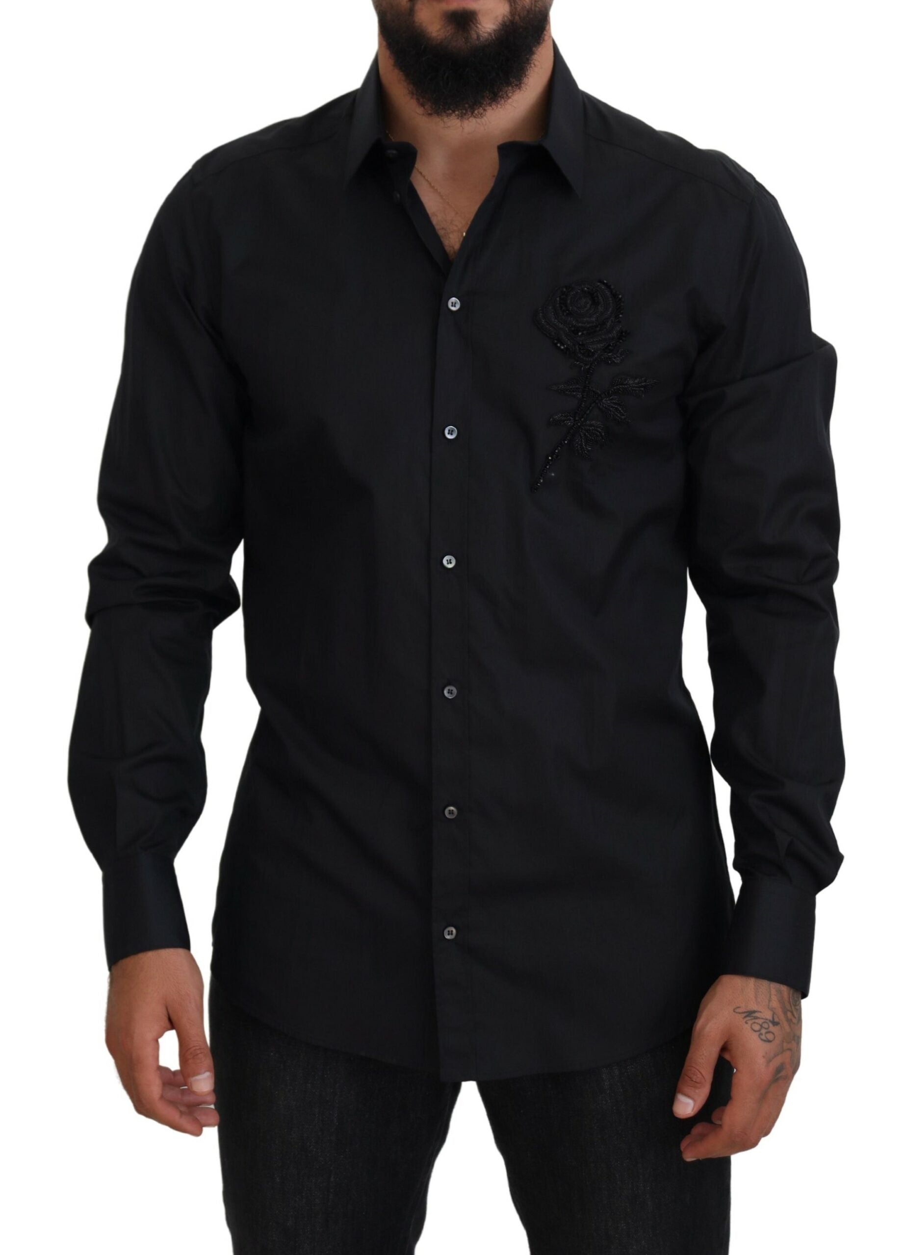 Zwarte rozen slim fit katoenen overhemd