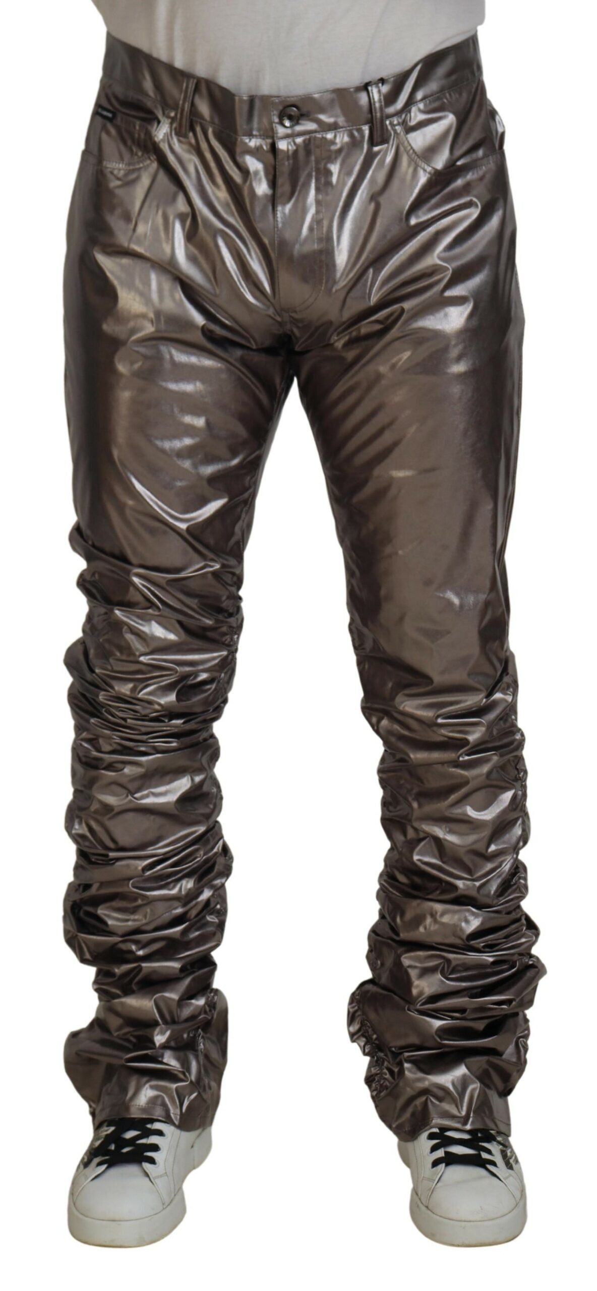 Zilverkleurige metallic nylon stretchbroek