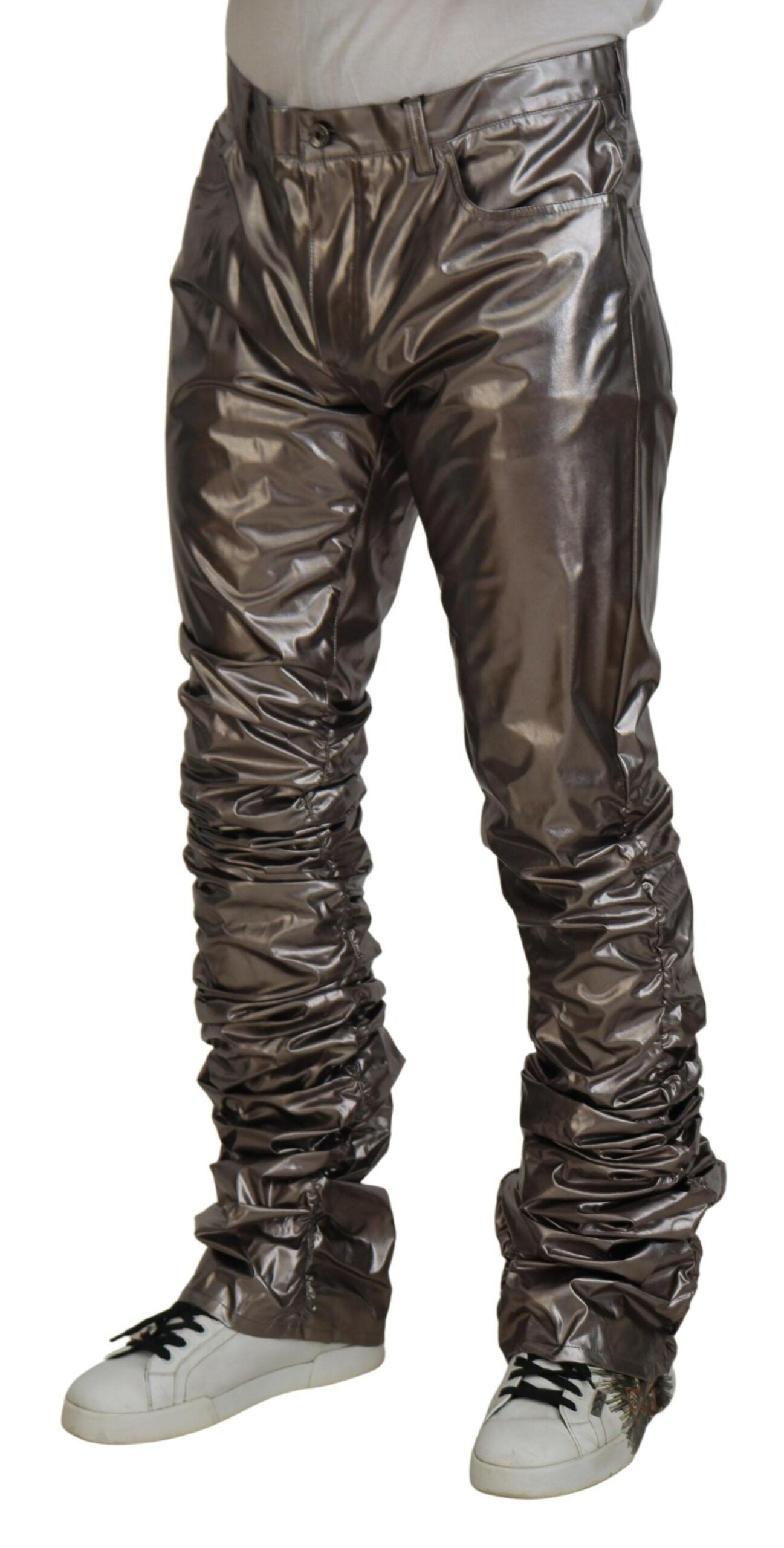 Zilverkleurige metallic nylon stretchbroek