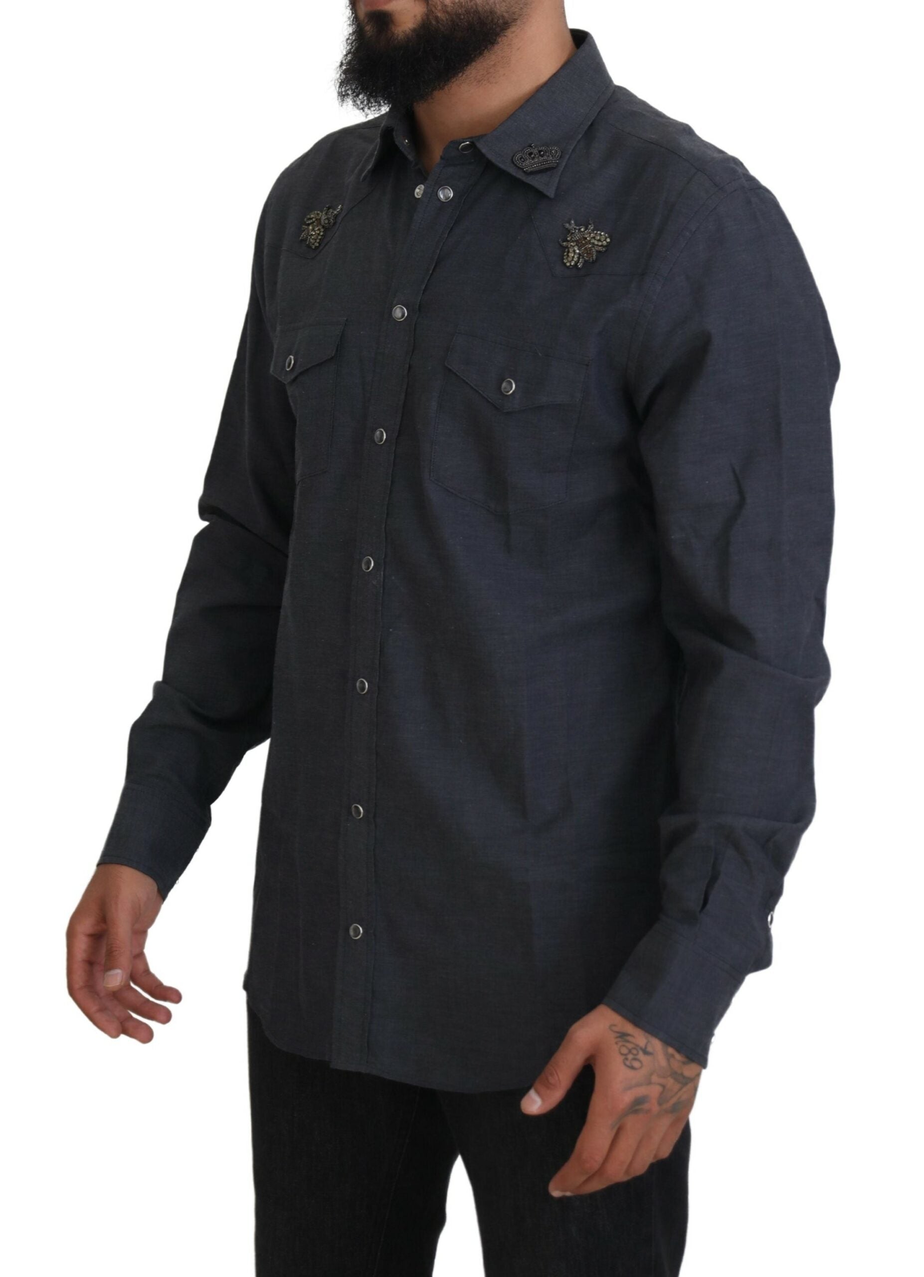 Blauw katoenen denim overhemd met kristallen bij