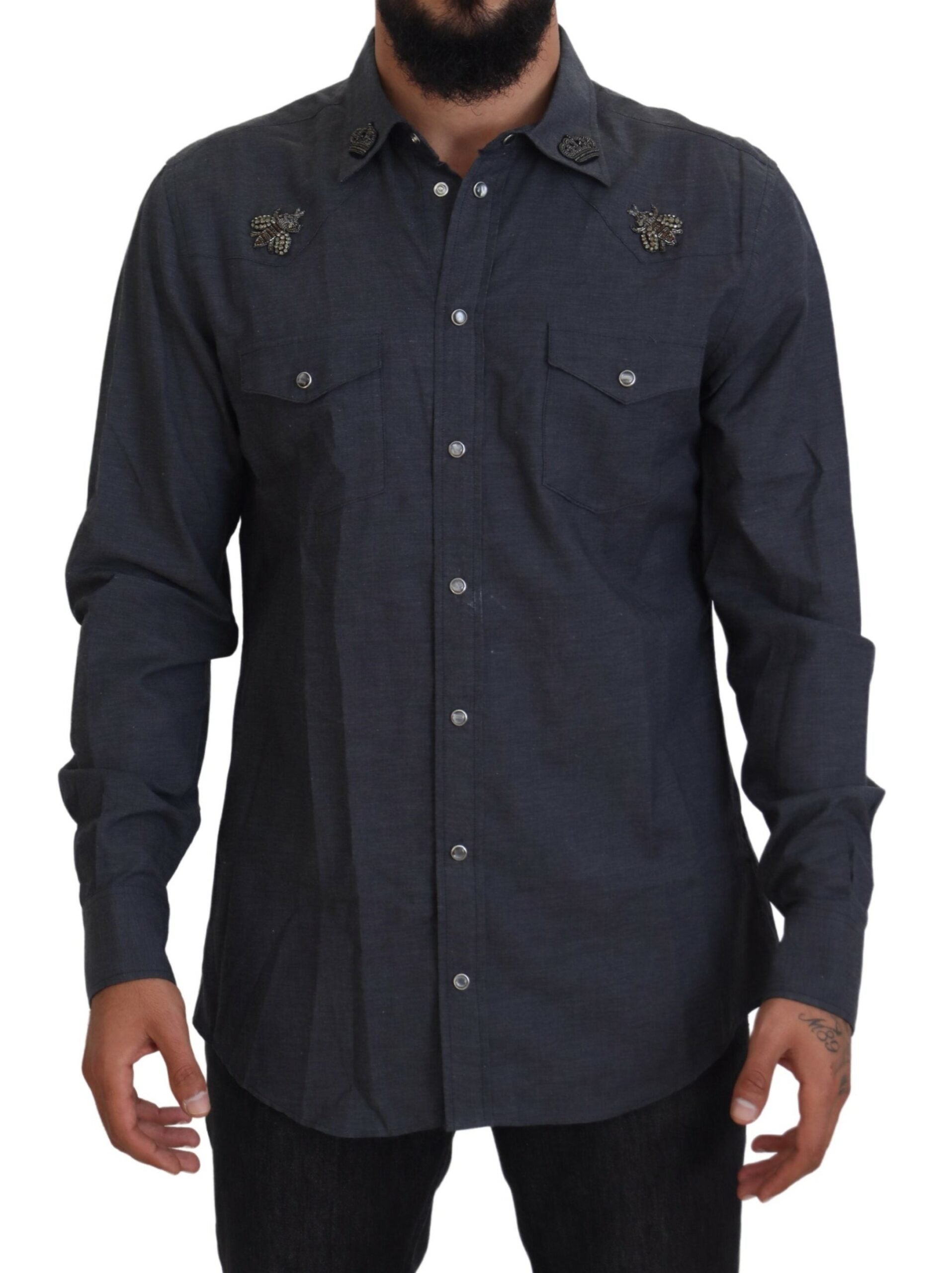 Blauw katoenen denim overhemd met kristallen bij
