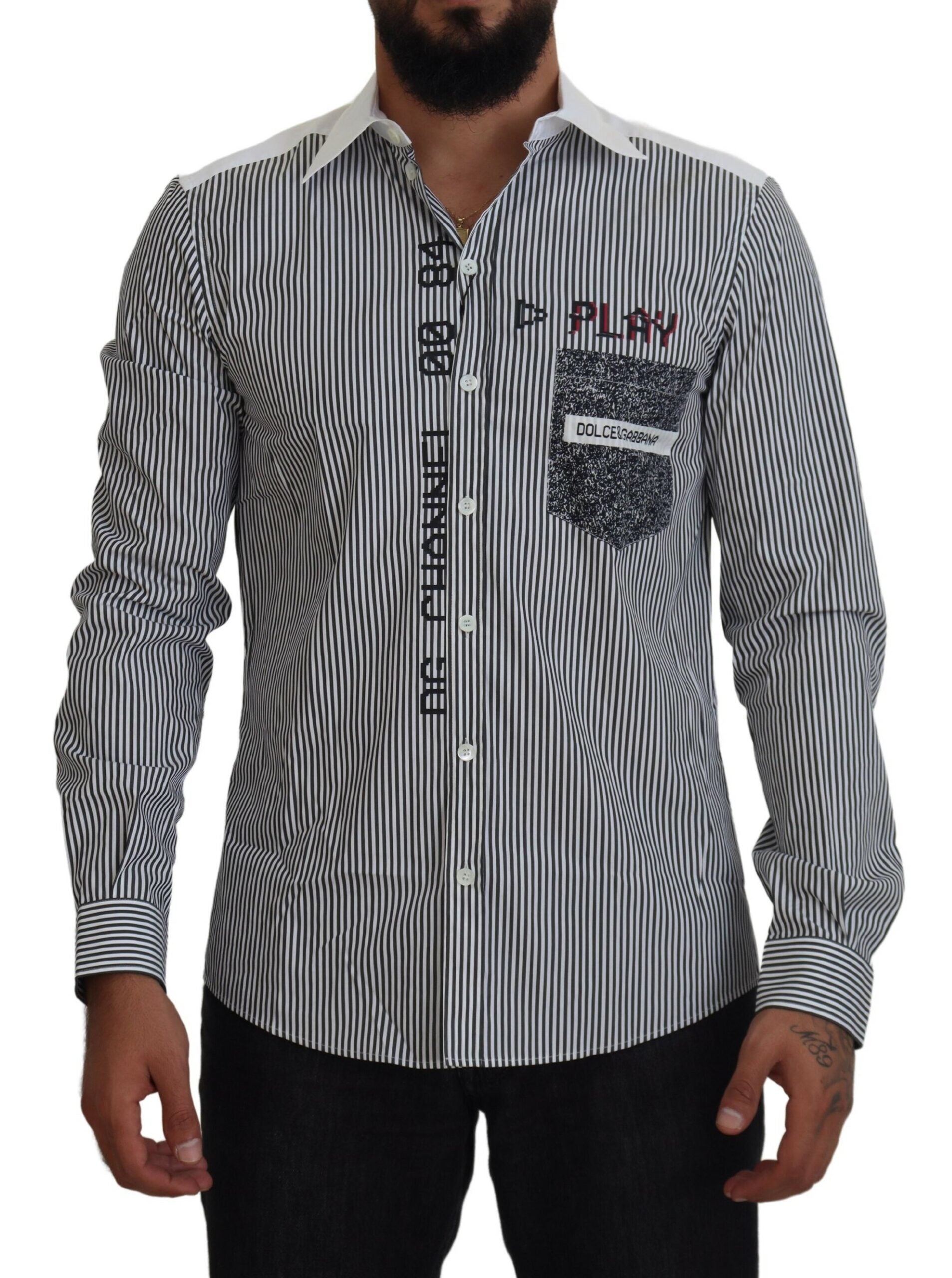 Grijswit gestreept slim fit overhemd
