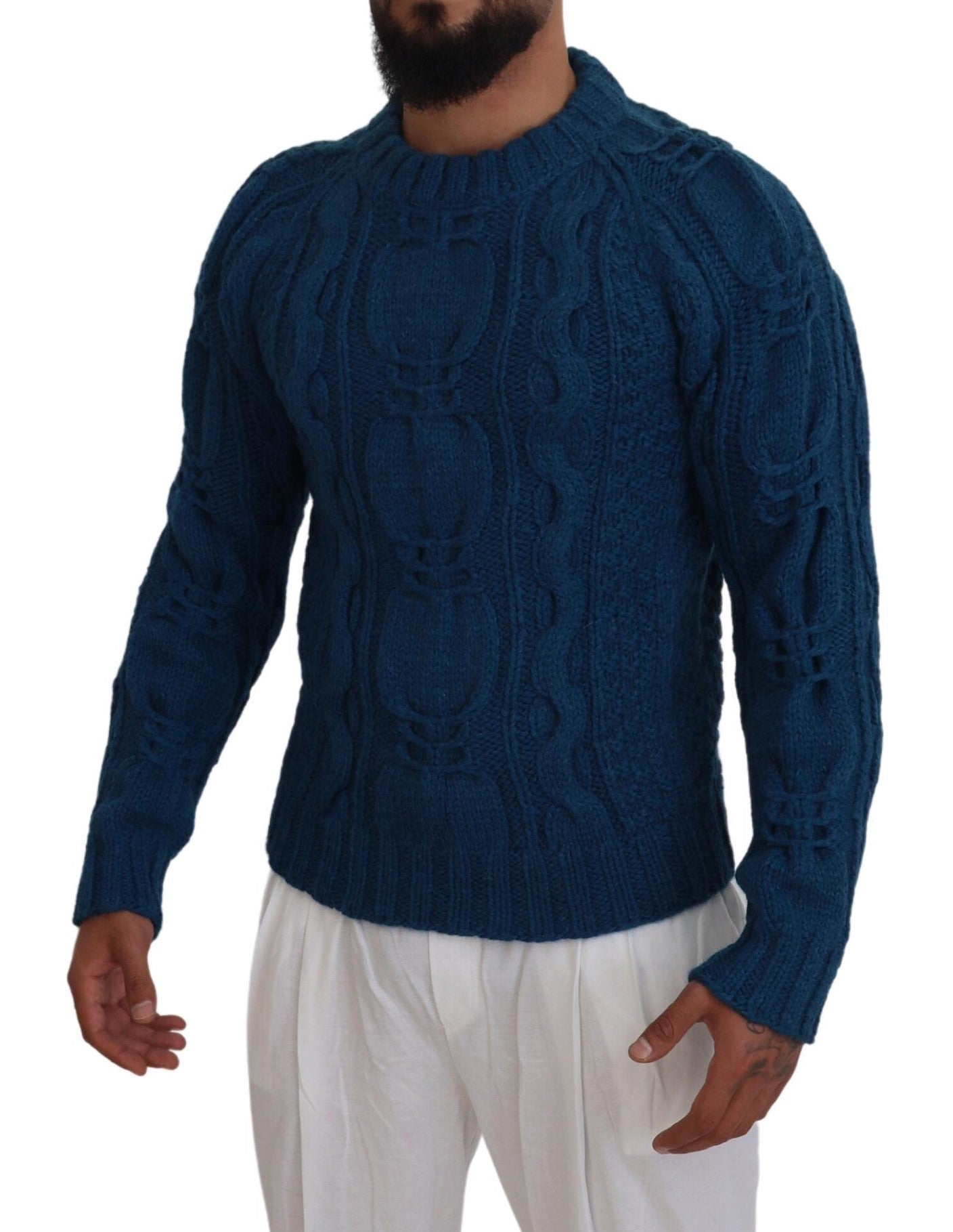 Blauwe gebreide wollen alpaca trui