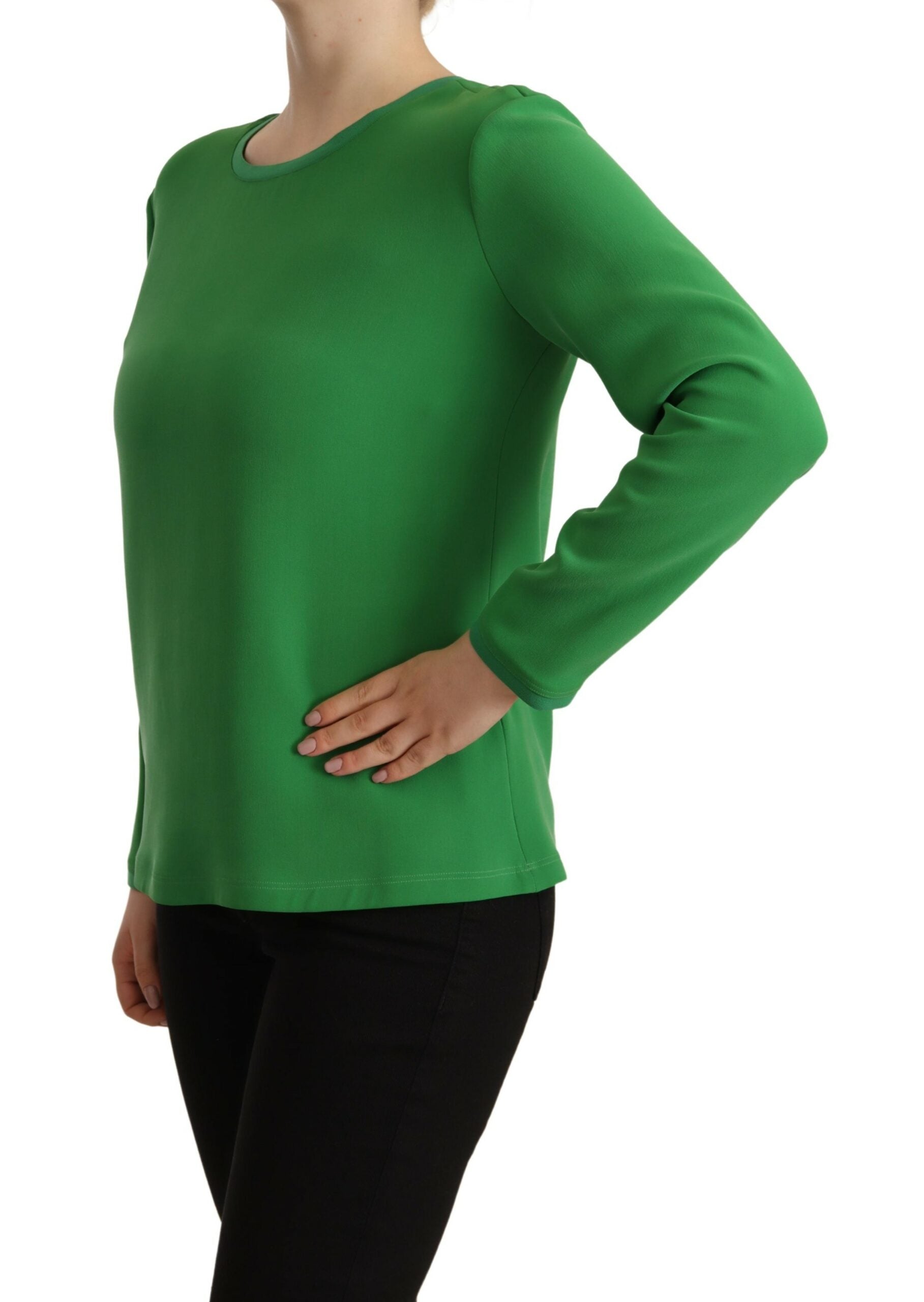 Groene zijden trui met lange mouwen en ronde hals
