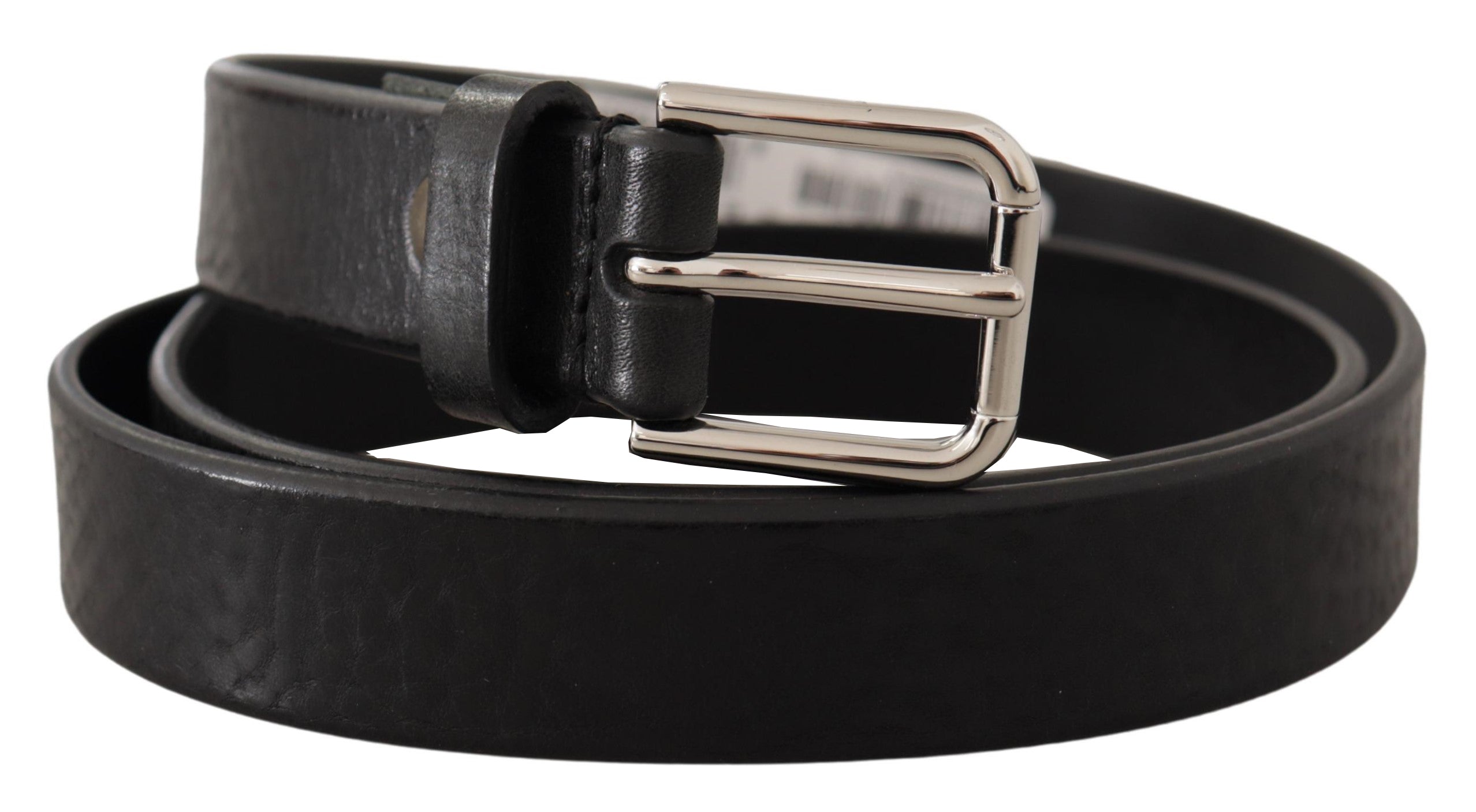 Zwarte kalfsleren riem met zilveren logo en metalen gesp