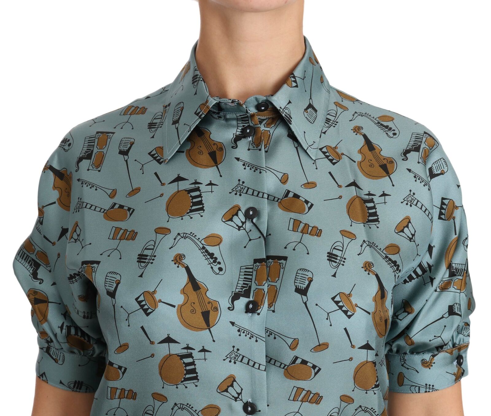 Multicolor muziekinstrumenten zijden shirt met korte mouwen