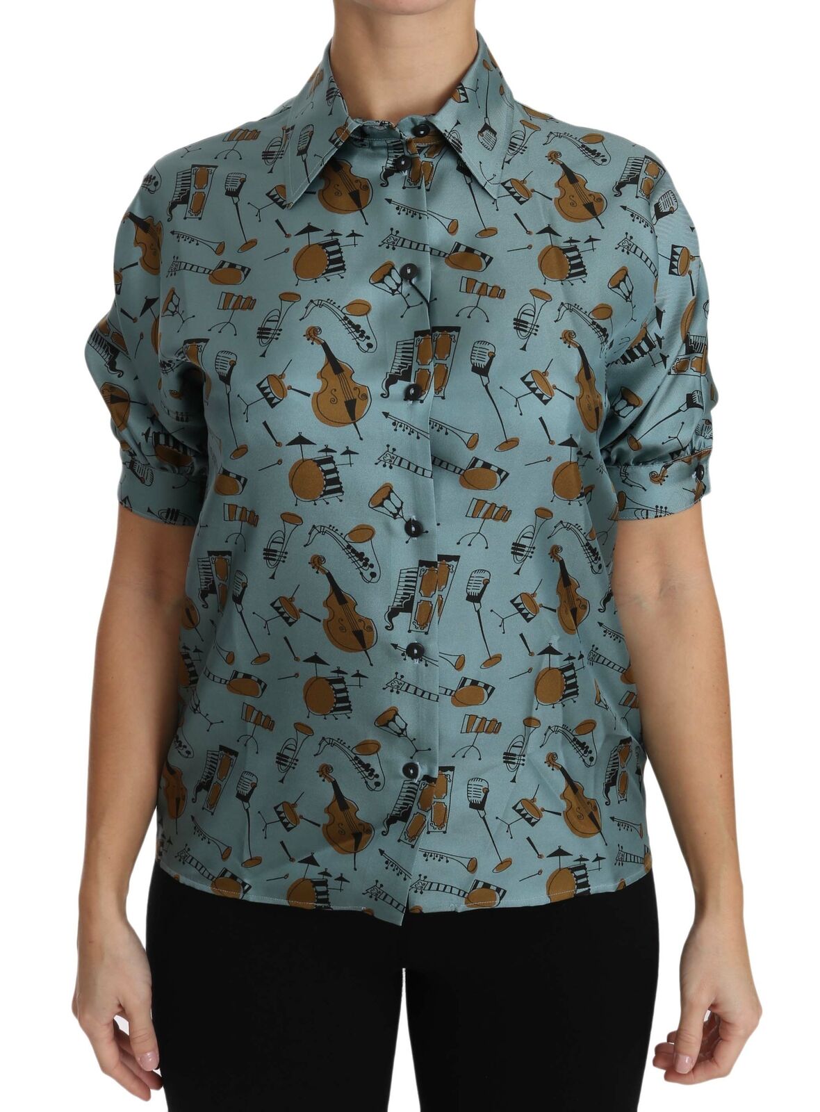Multicolor muziekinstrumenten zijden shirt met korte mouwen