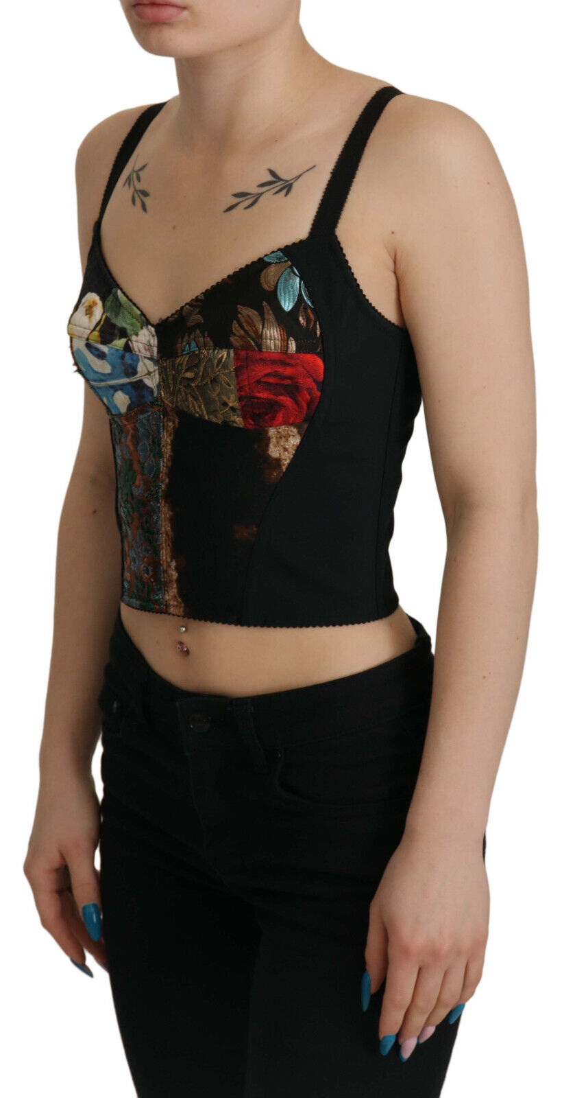 Zwarte patchwork Sicilië blouse korset crop top