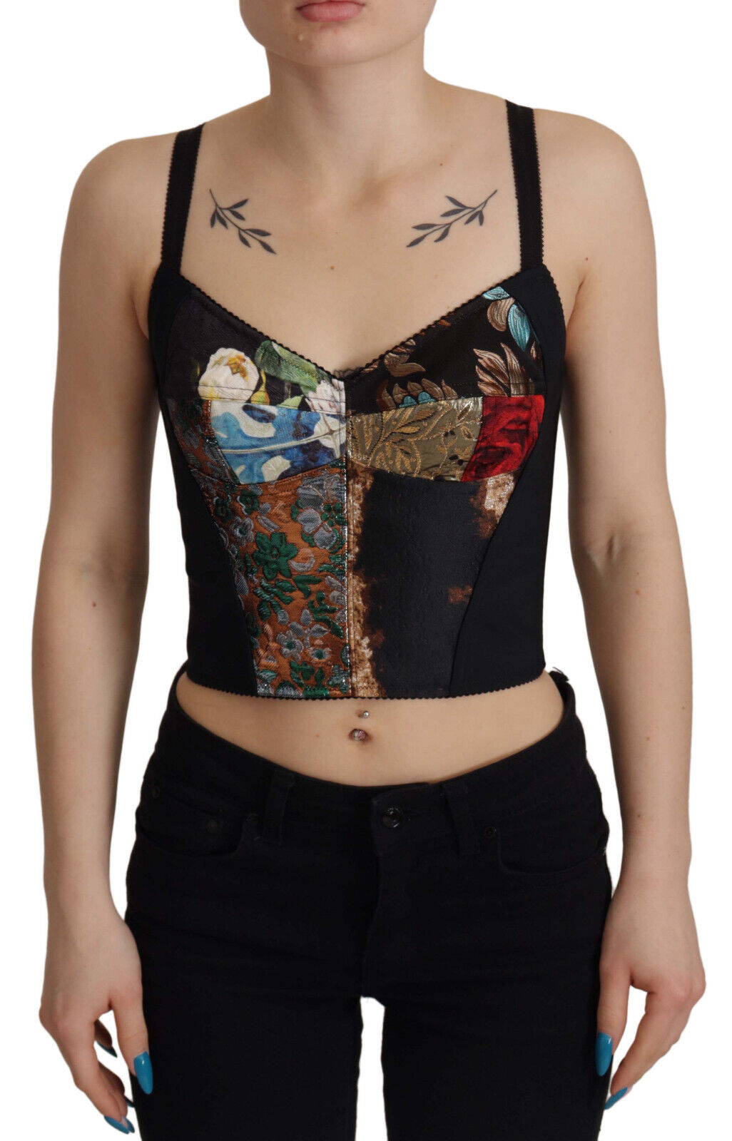 Zwarte patchwork Sicilië blouse korset crop top