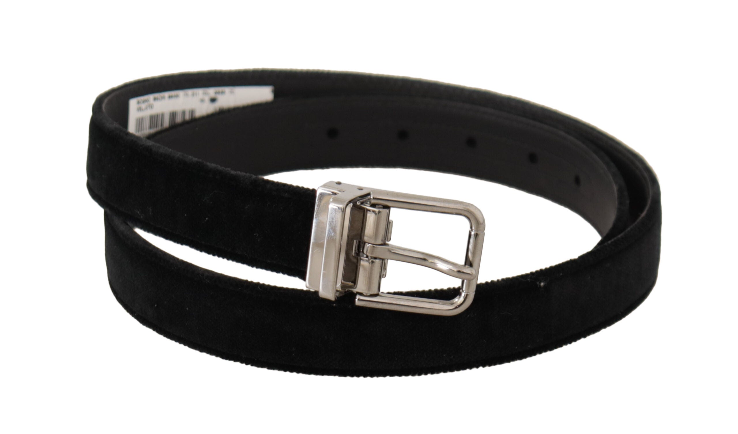 Zwarte casual fluwelen zilveren metalen logo gesp riem