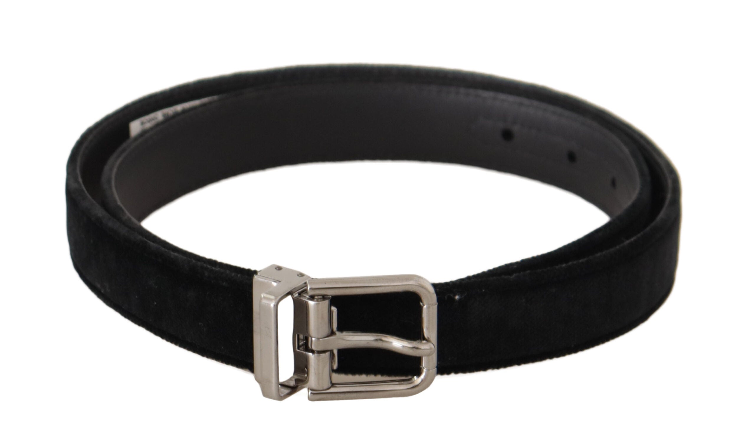 Zwarte casual fluwelen zilveren metalen logo gesp riem