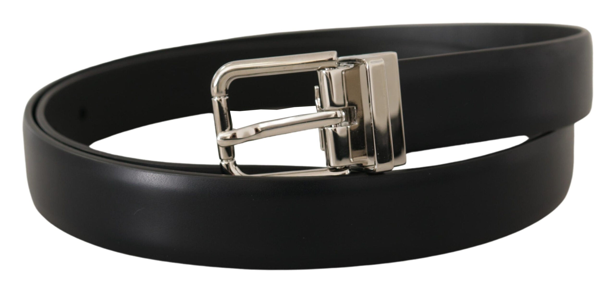 Zwarte kalfsleren riem met zilveren metalen logogesp