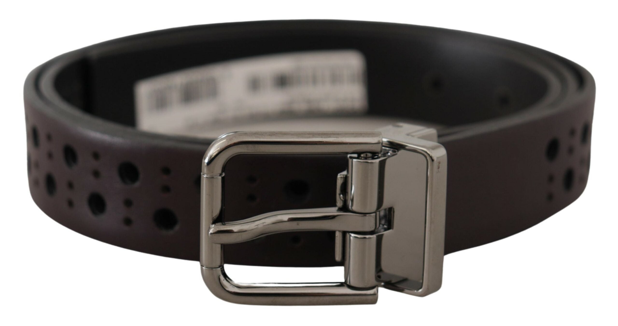 Donkerpaarse geperforeerde leren riem met metalen gesp