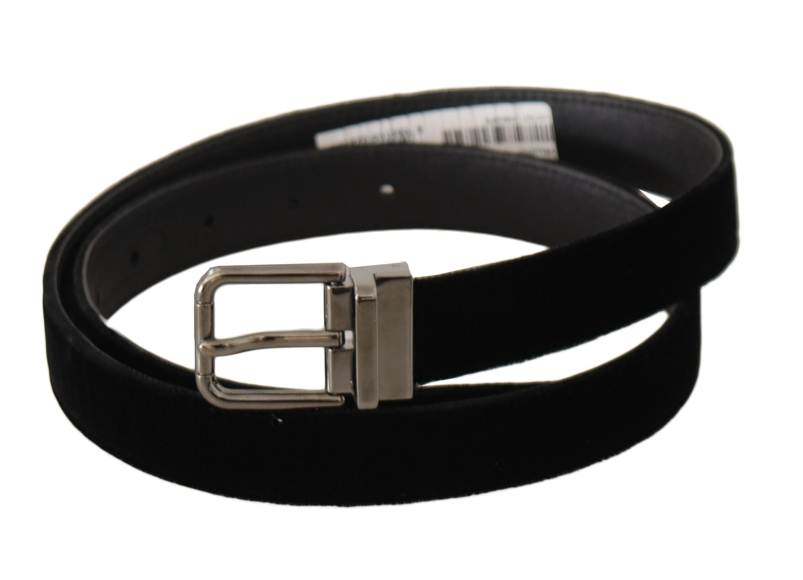 Zwarte klassieke fluwelen riem met metalen gesp en gegraveerd logo