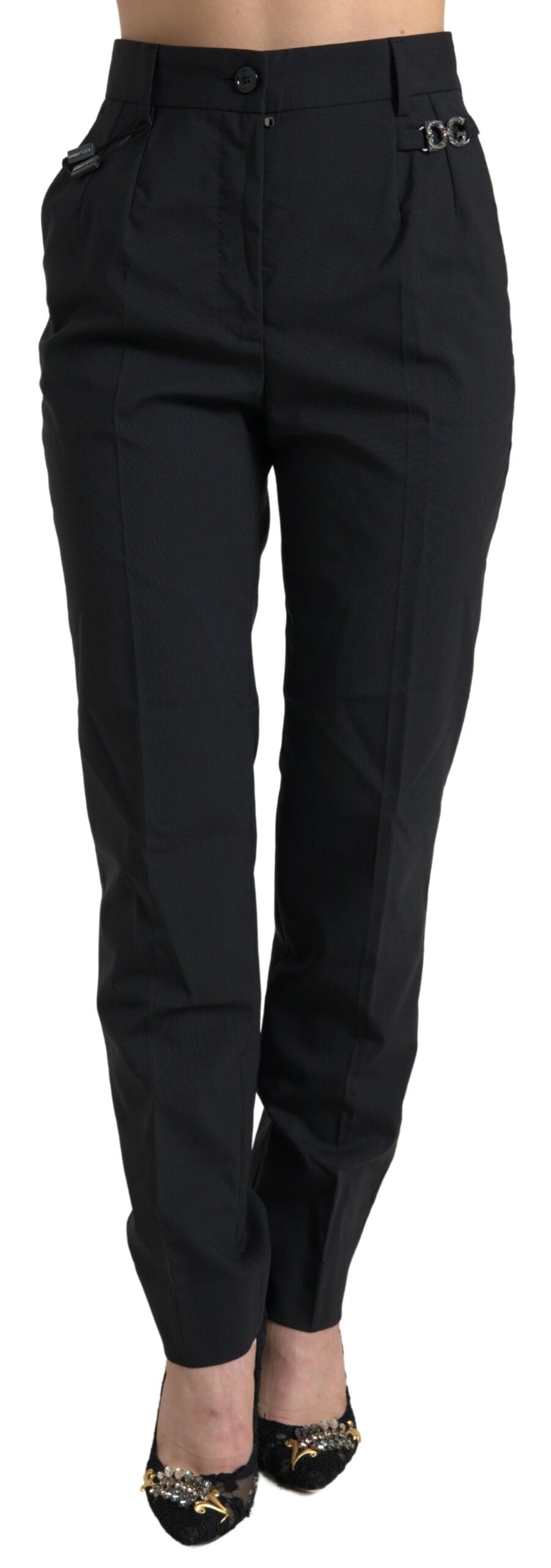 Zwarte wollen hoge taille taps toelopende broek