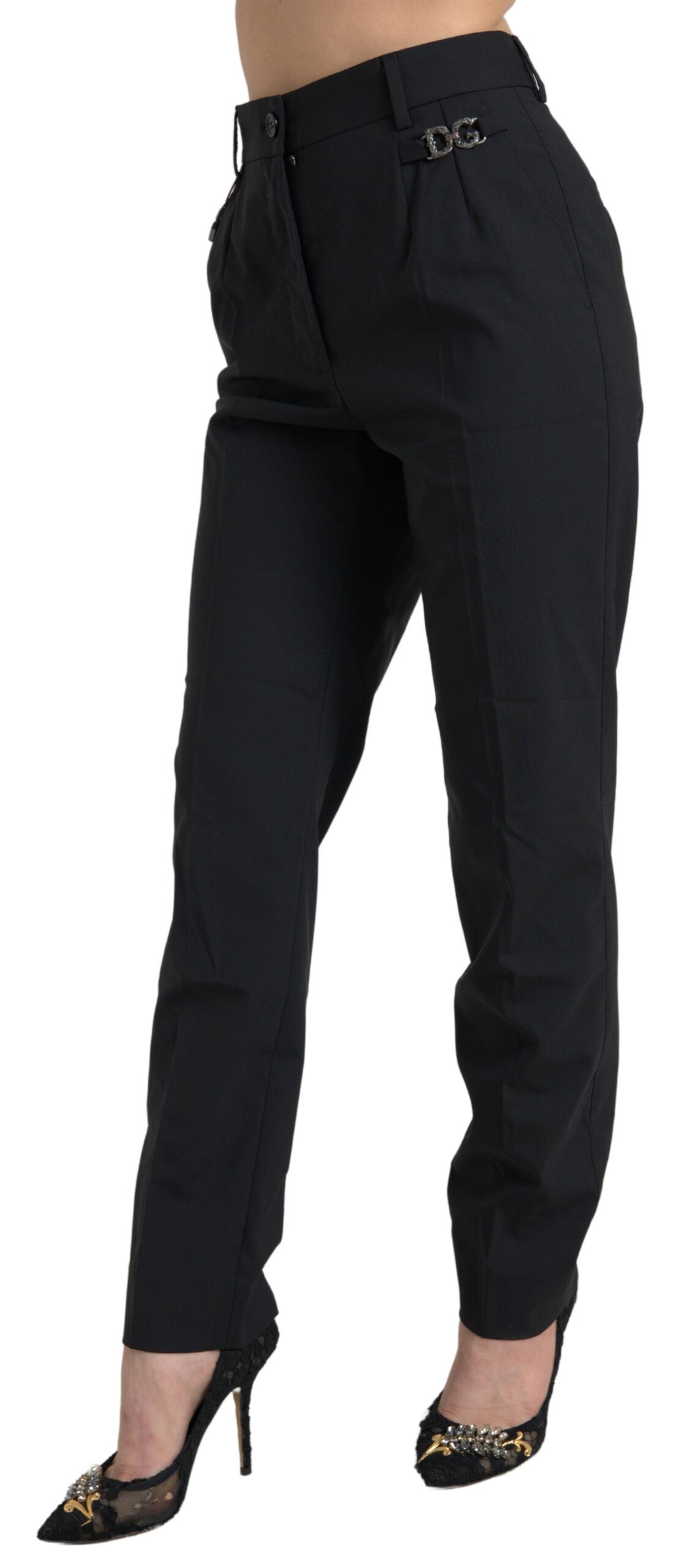 Zwarte wollen hoge taille taps toelopende broek