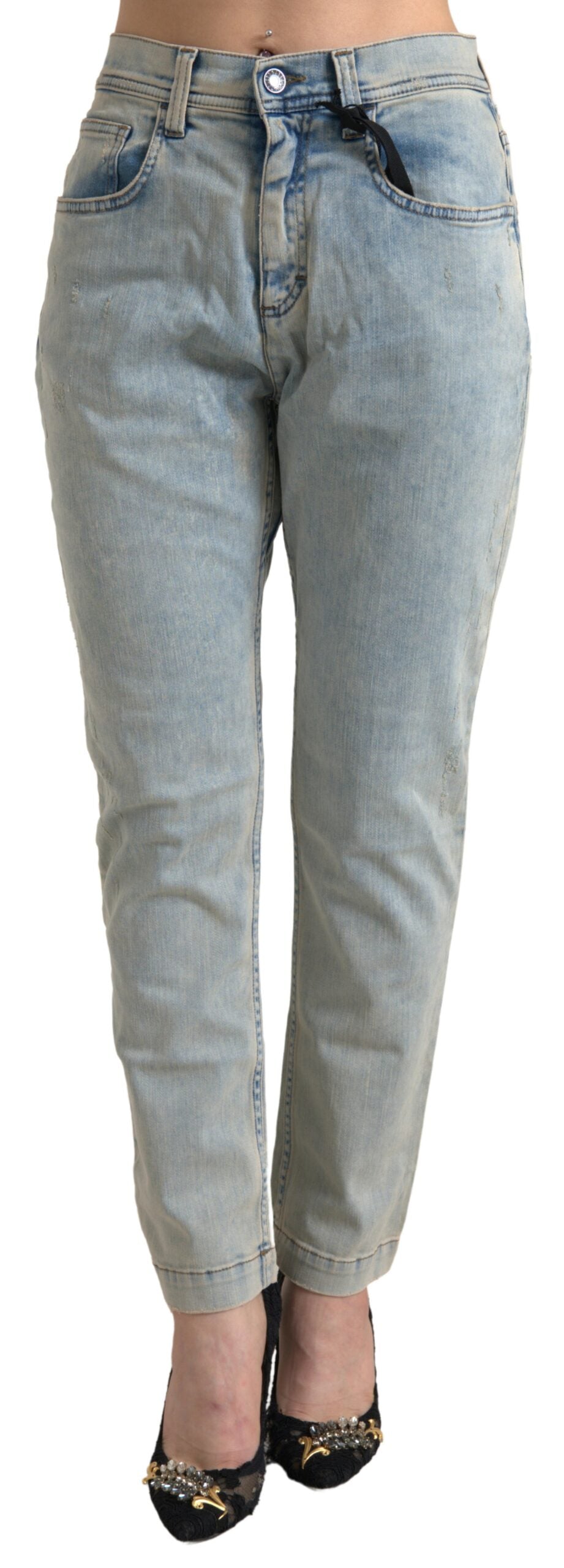 Blauwe gewassen katoenen skinny jeans met middelhoge taille