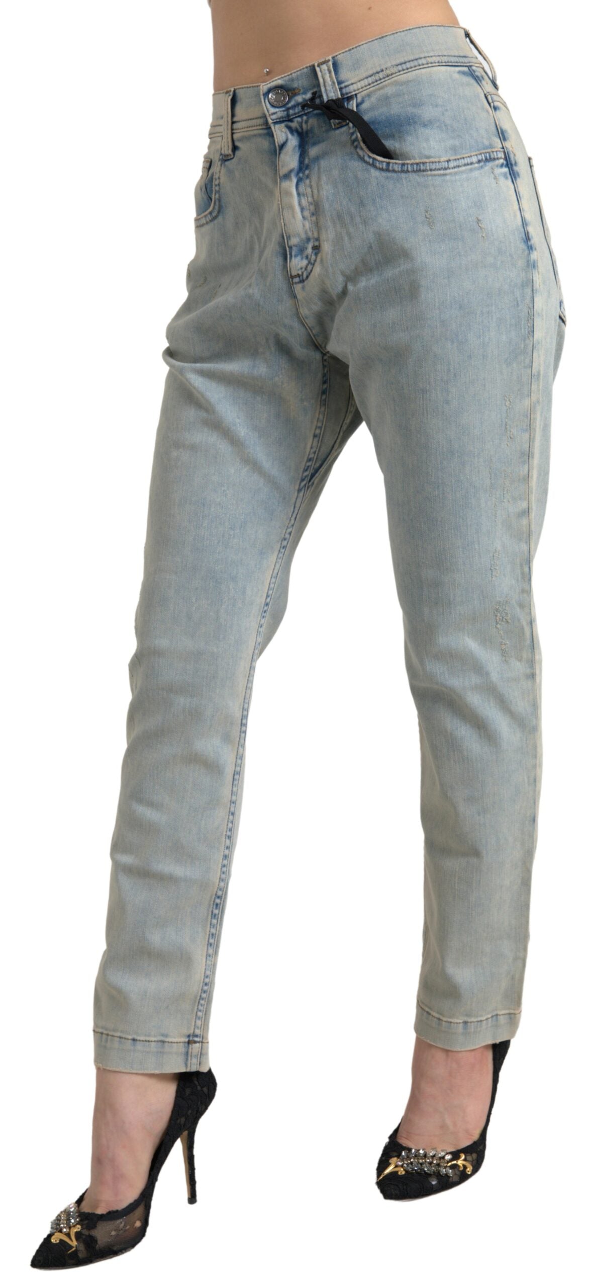 Blauwe gewassen katoenen skinny jeans met middelhoge taille