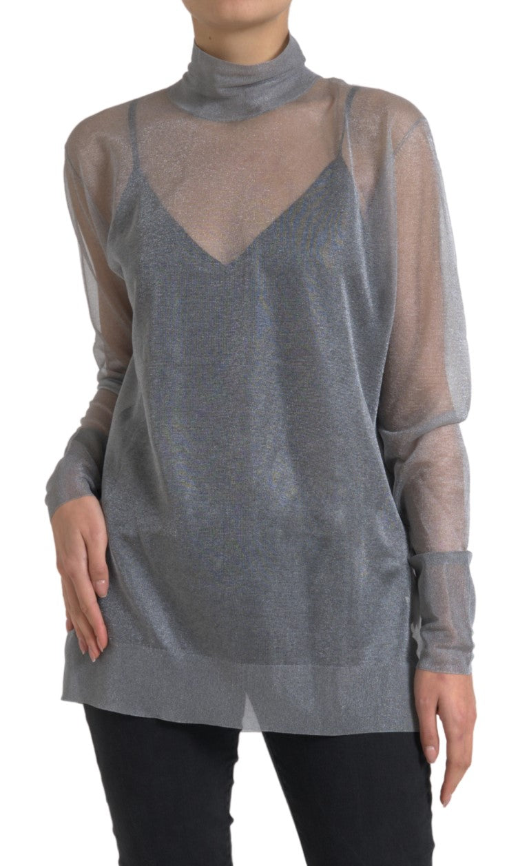Grijze mesh coltrui blouse met lange mouwen