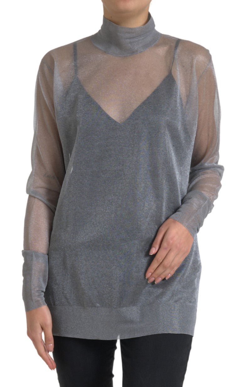 Grijze mesh coltrui blouse met lange mouwen