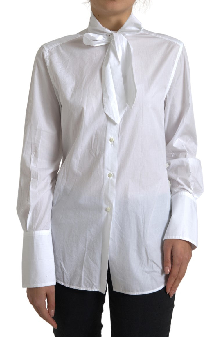 Witte katoenen Ascot-kraag top met lange mouwen