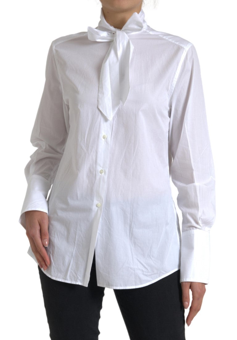 Witte katoenen Ascot-kraag top met lange mouwen