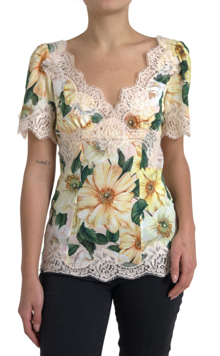 Veelkleurige bloemenkant V-hals blouse