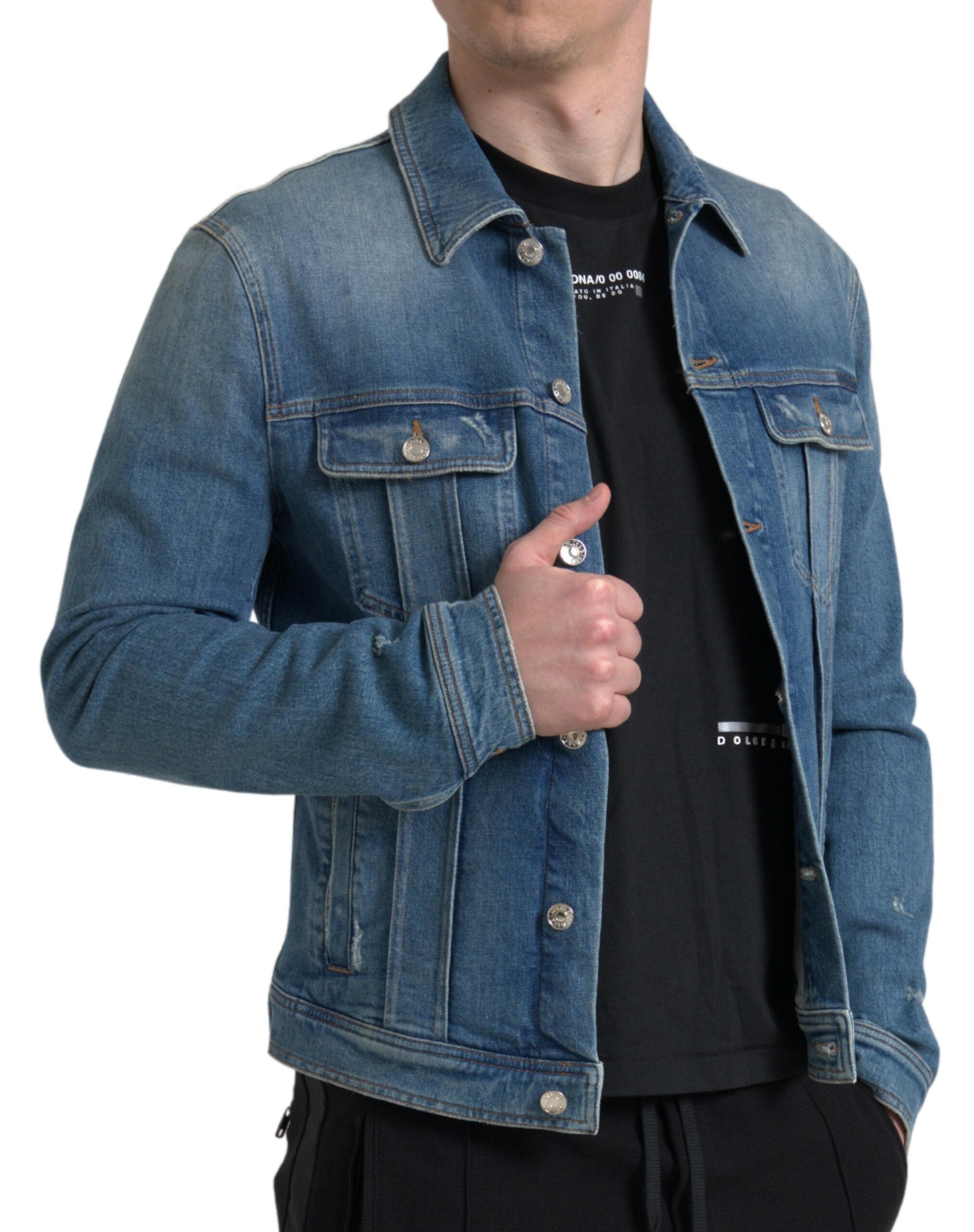 Blauw gewassen katoenen stretch denim herenjack