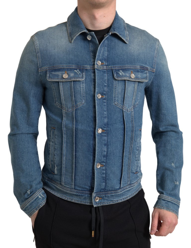 Blauw gewassen katoenen stretch denim herenjack