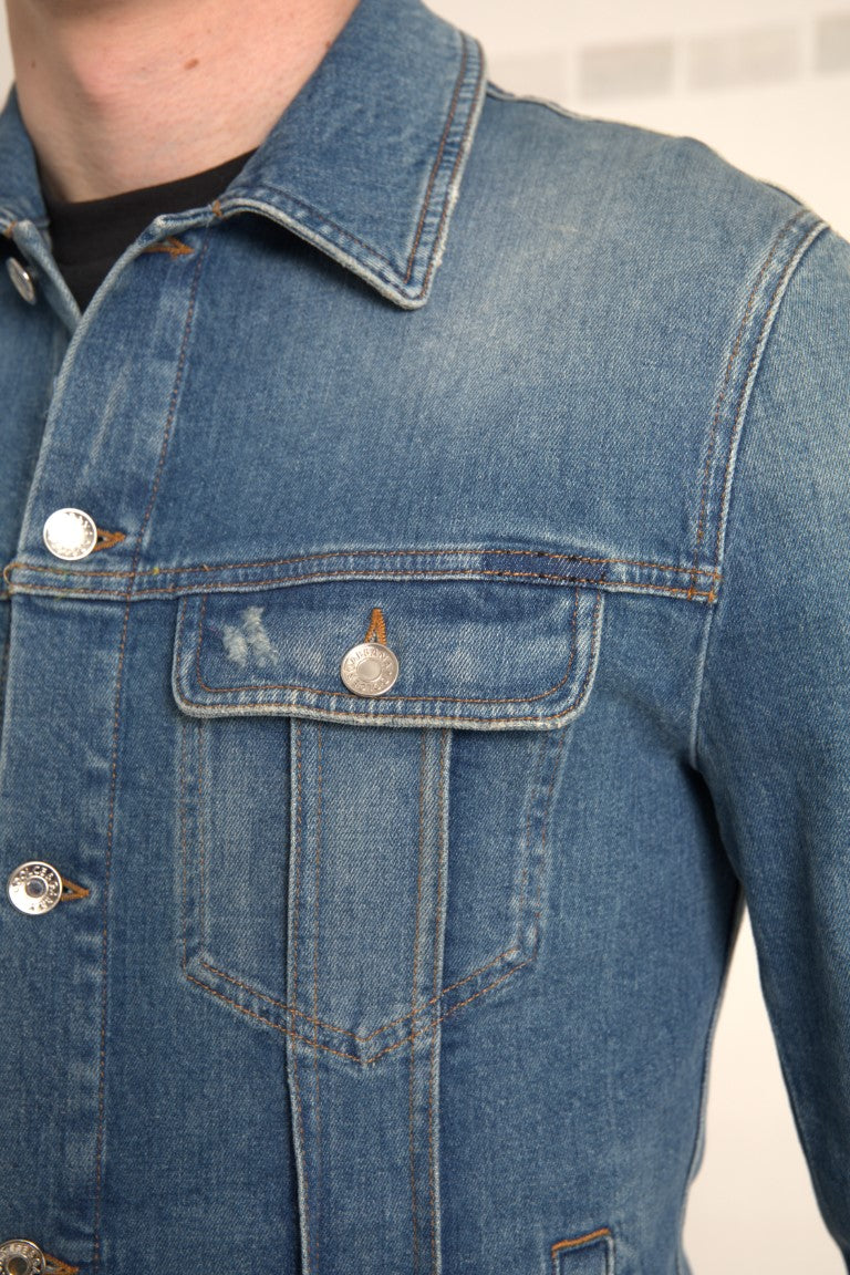 Blauw gewassen katoenen stretch denim herenjack