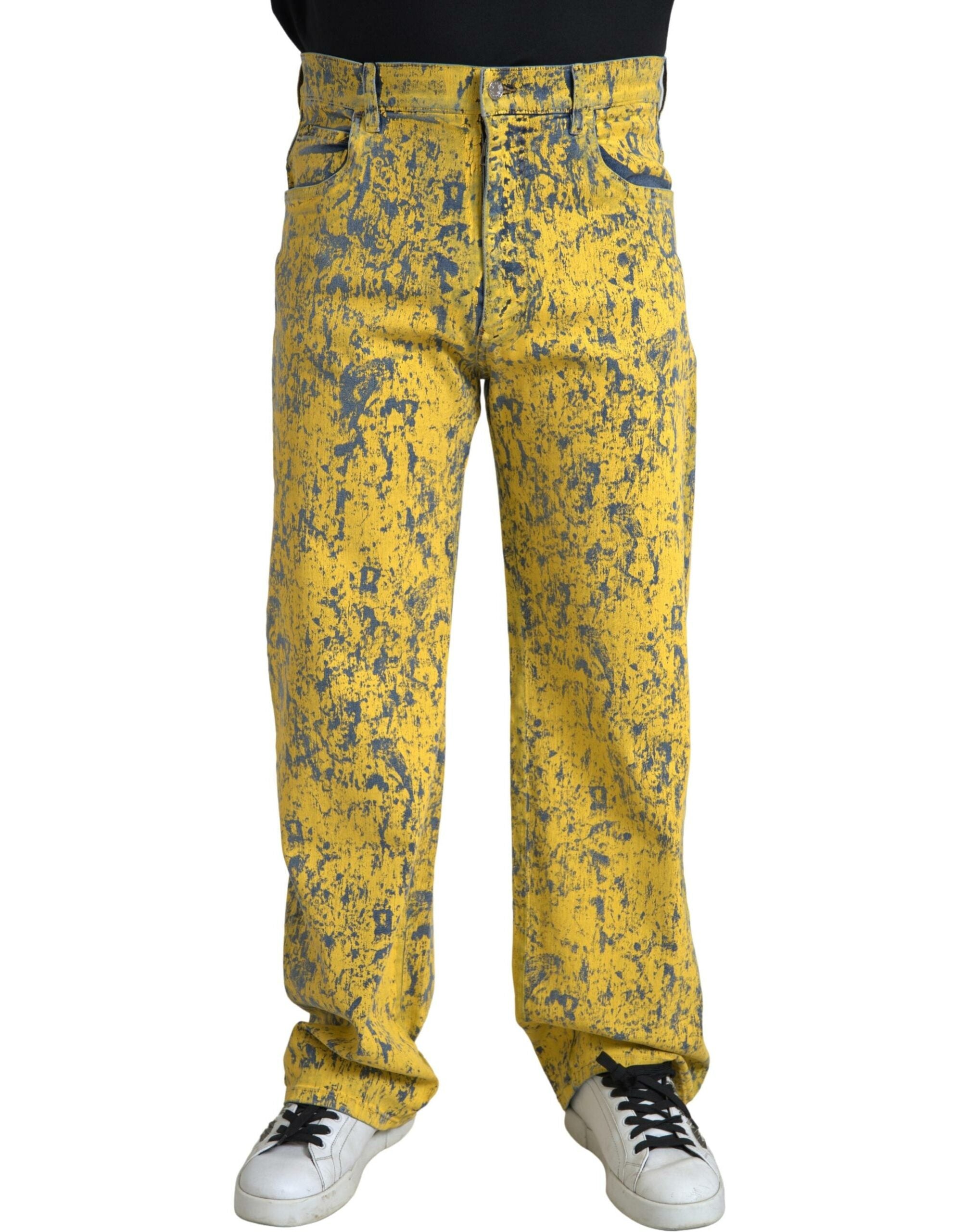 Gele katoenen tie-dye rechte denim jeans